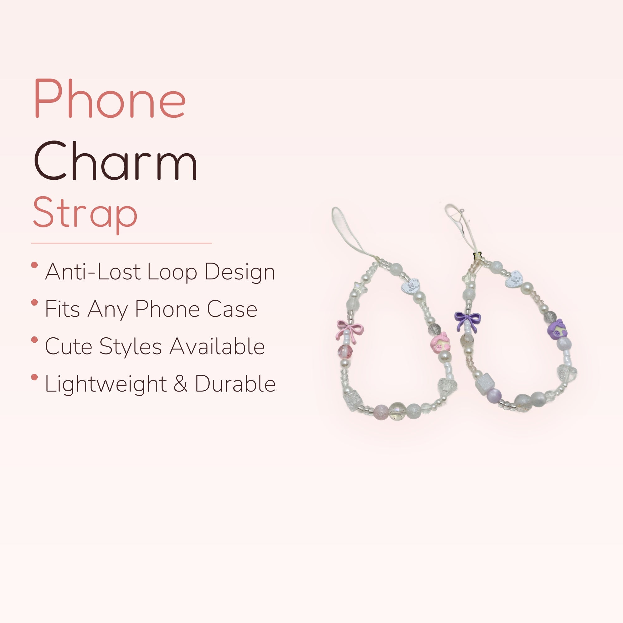 Kawaii Pastel Beaded Phone Charm Strap | Cute Bow & House Wrist Lanyard