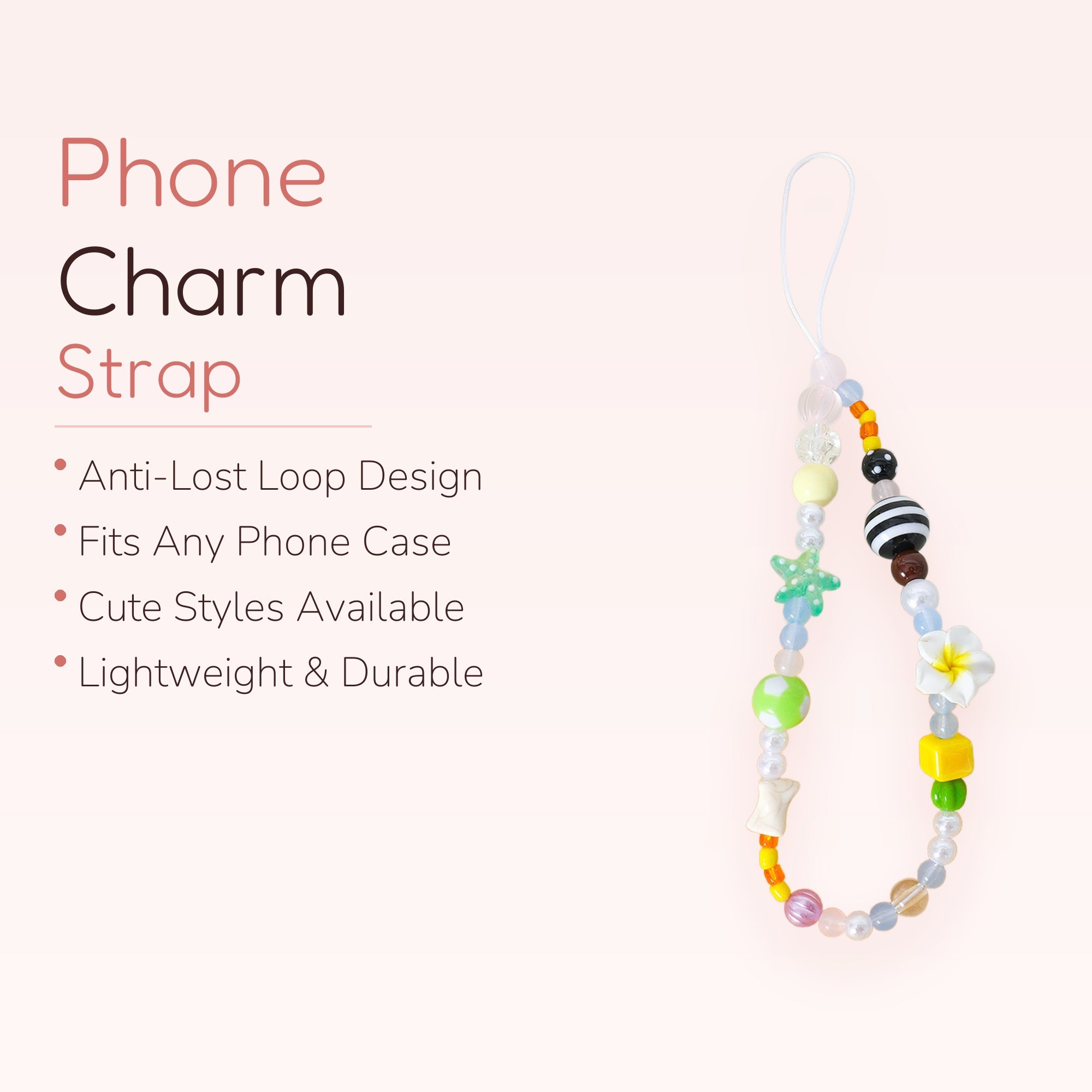 Kawaii Beaded Phone Charm Strap | Pastel & Bright Mixed Bead Lanyard