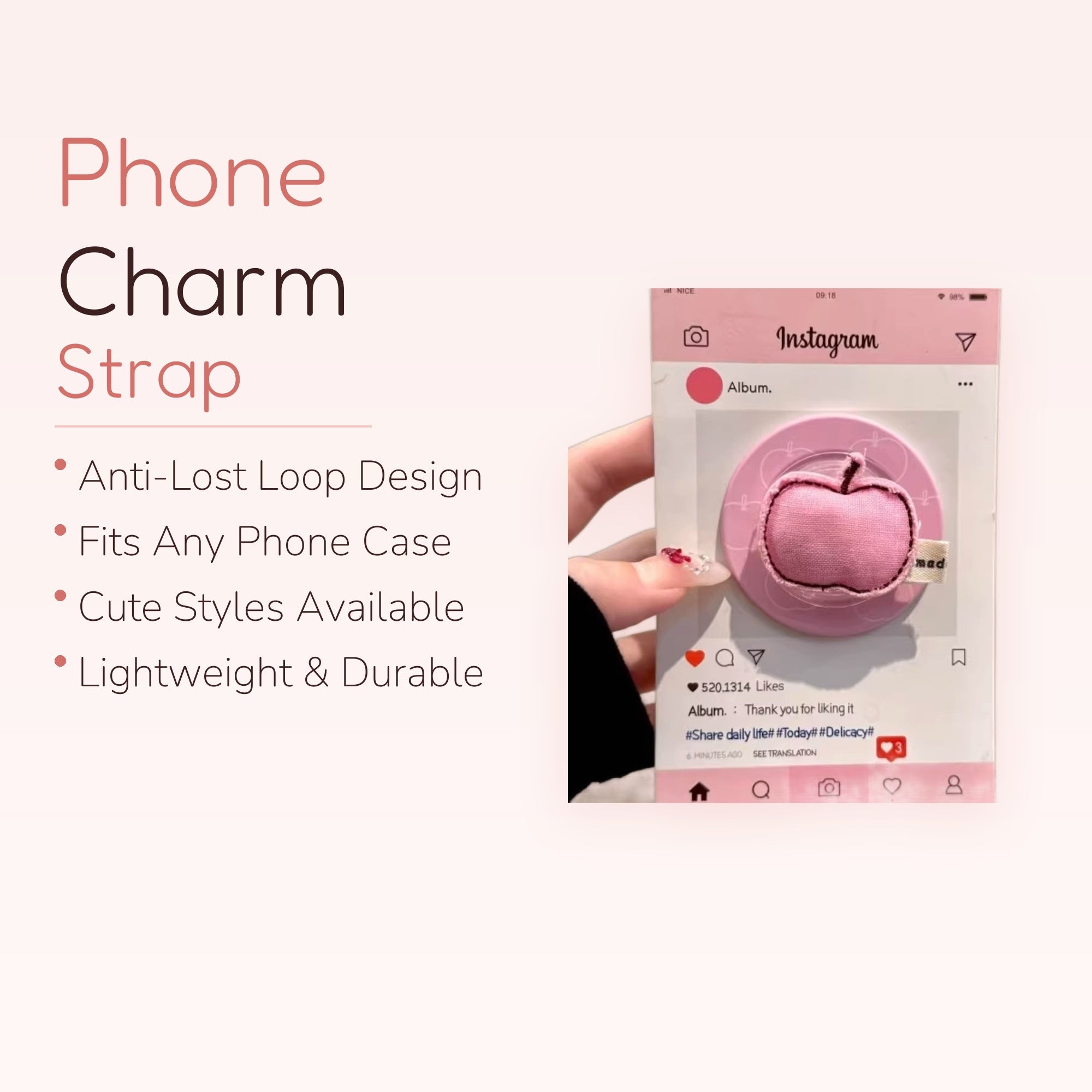 Pink Puffy Apple Phone Grip | Cute Kawaii Pop Socket Stand