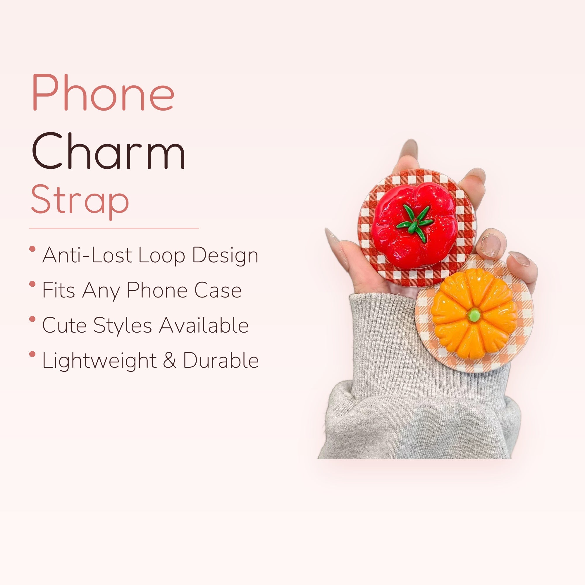 Cute Tomato & Pumpkin Phone Grip | Kawaii Gingham Pop Socket Stand