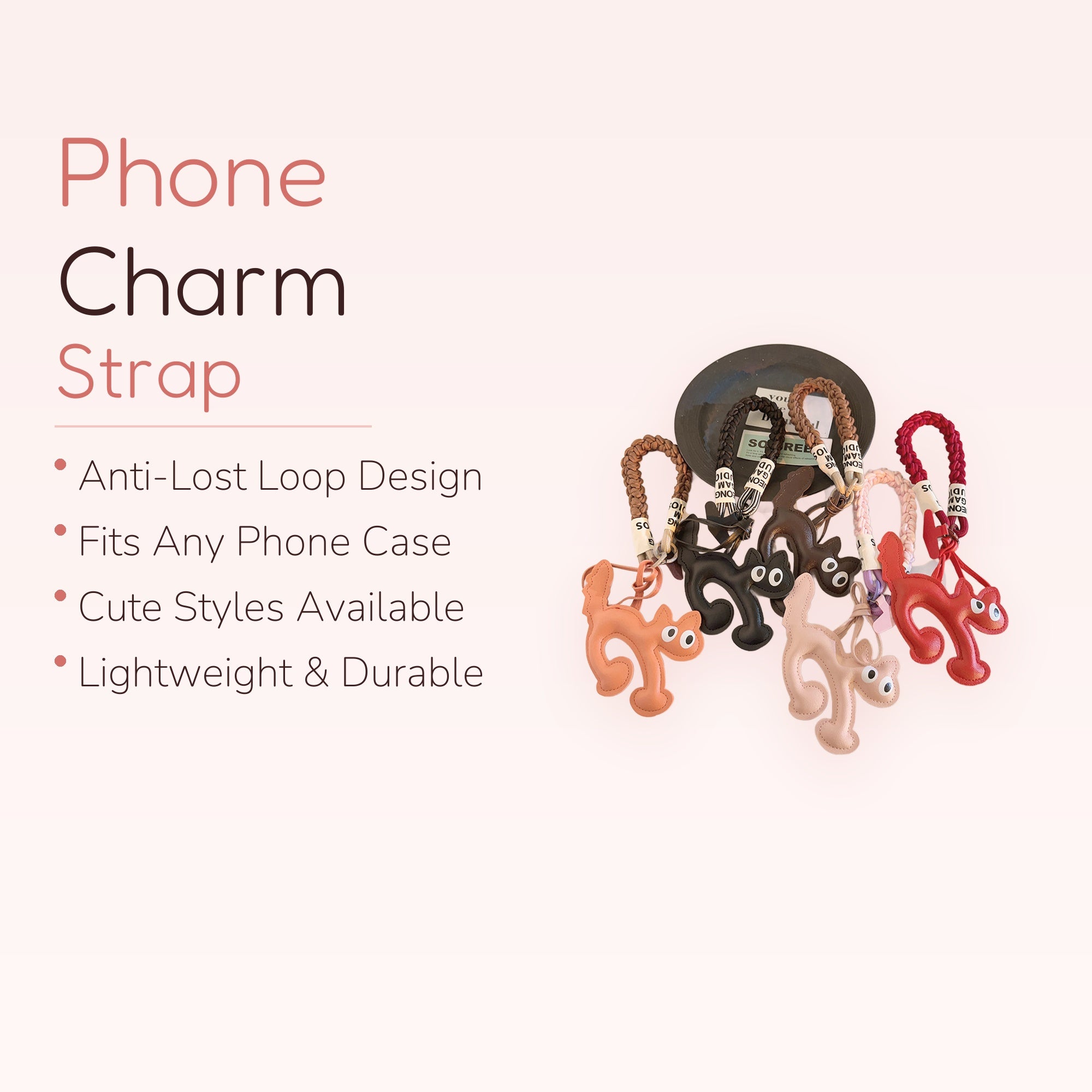 Cute Cat Leather Phone Charm Strap | Kawaii Braided Wrist Lanyard