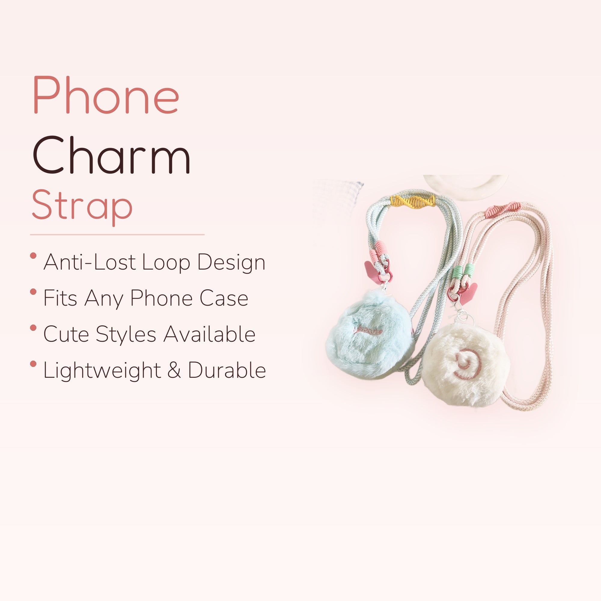 Fluffy Plush Phone Lanyard | Kawaii Pastel Blue & White Charm Strap