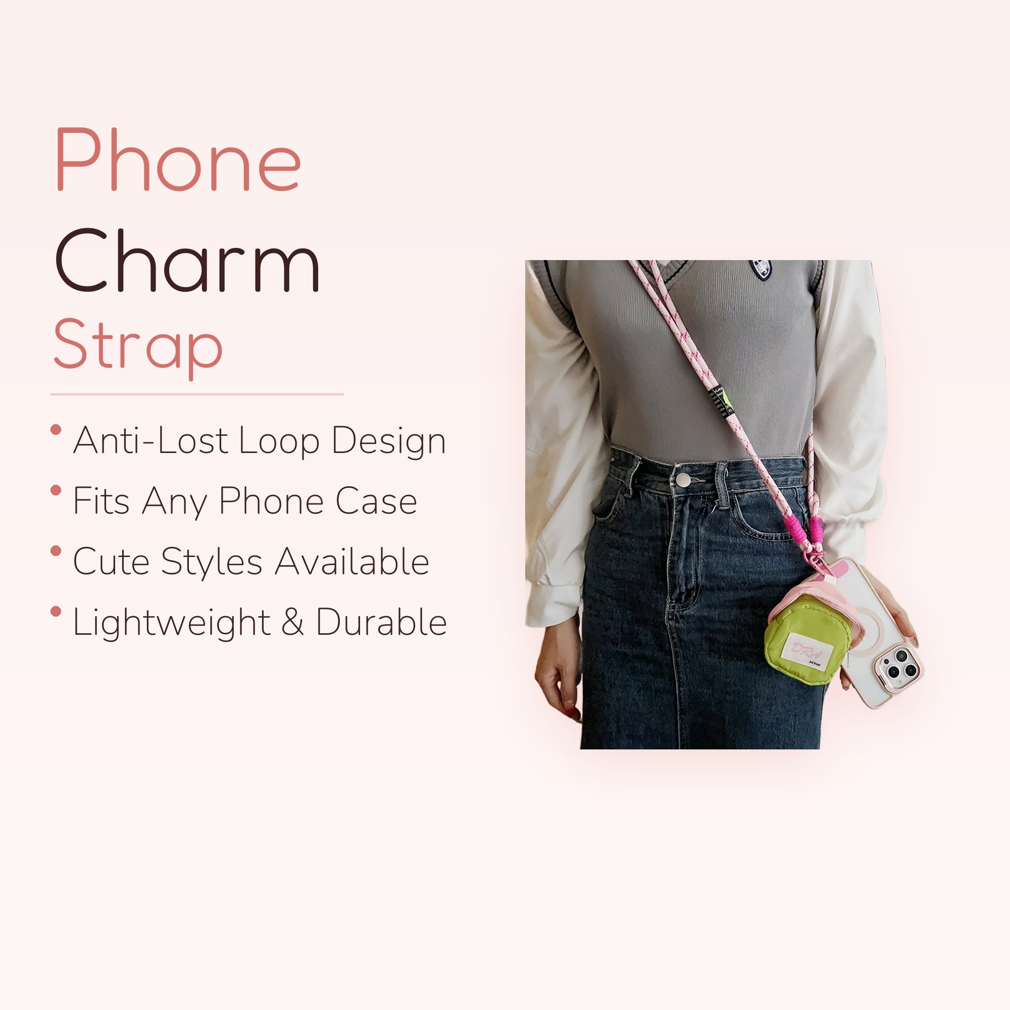 Pink & White Rope Phone Lanyard with Mini Green Pouch | Aesthetic Crossbody Phone Strap