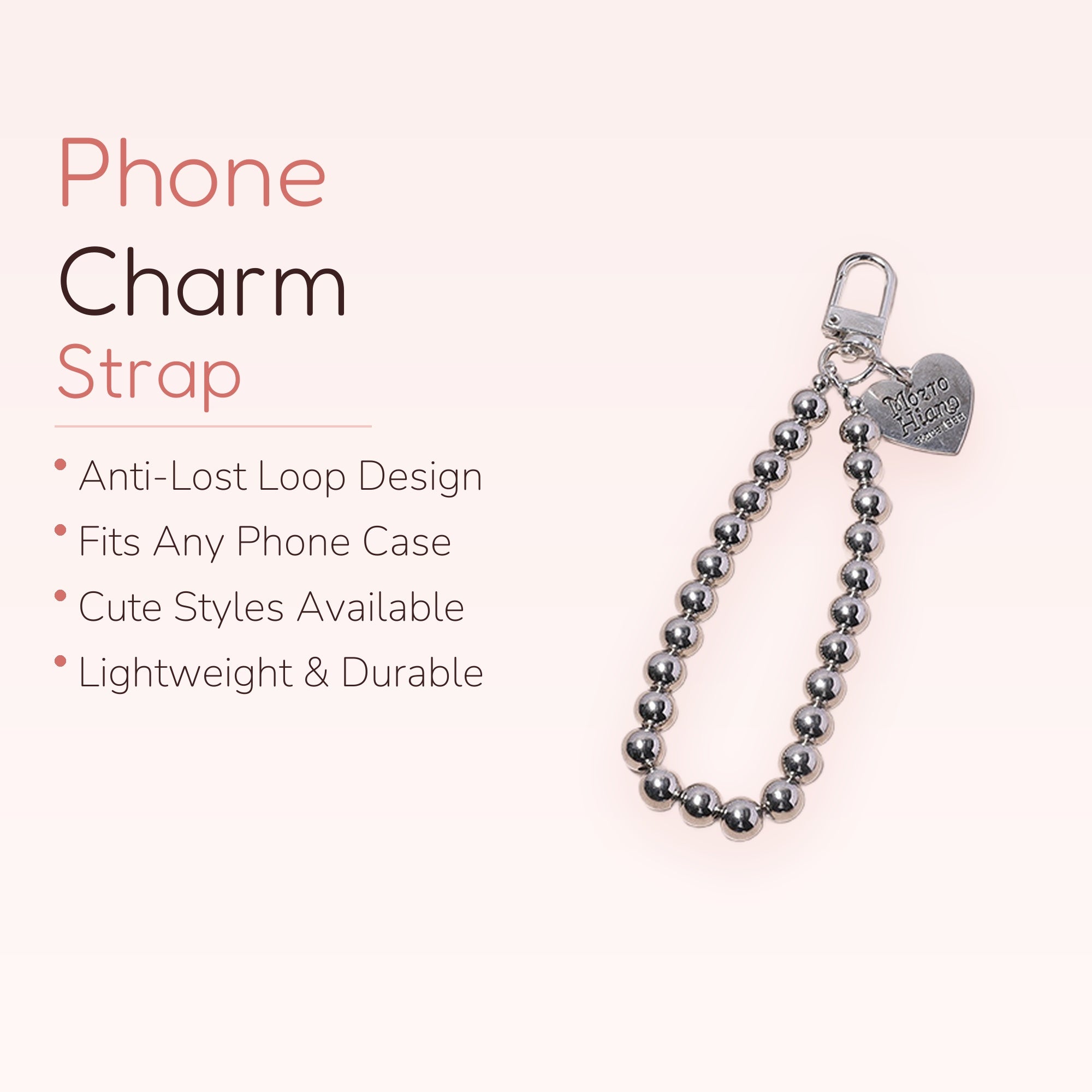 Silver Bead Phone Charm Strap | Cute Heart Keychain Lanyard