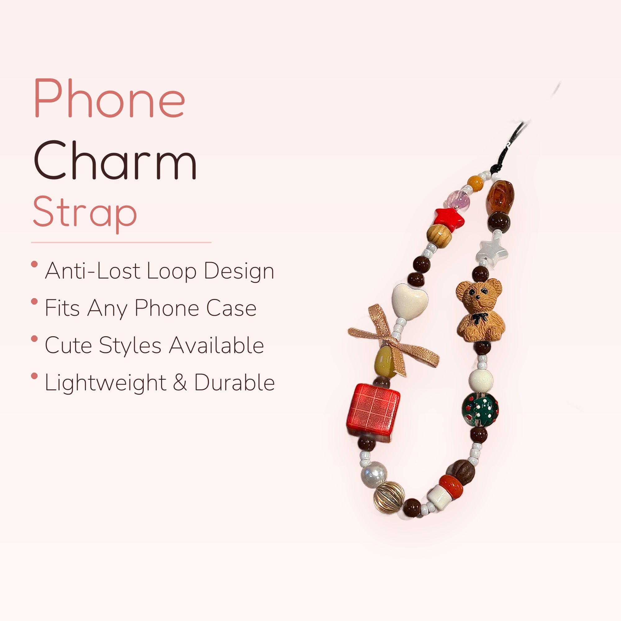 Kawaii Bear & Heart Beaded Phone Charm | Aesthetic Y2K Wrist Lanyard
