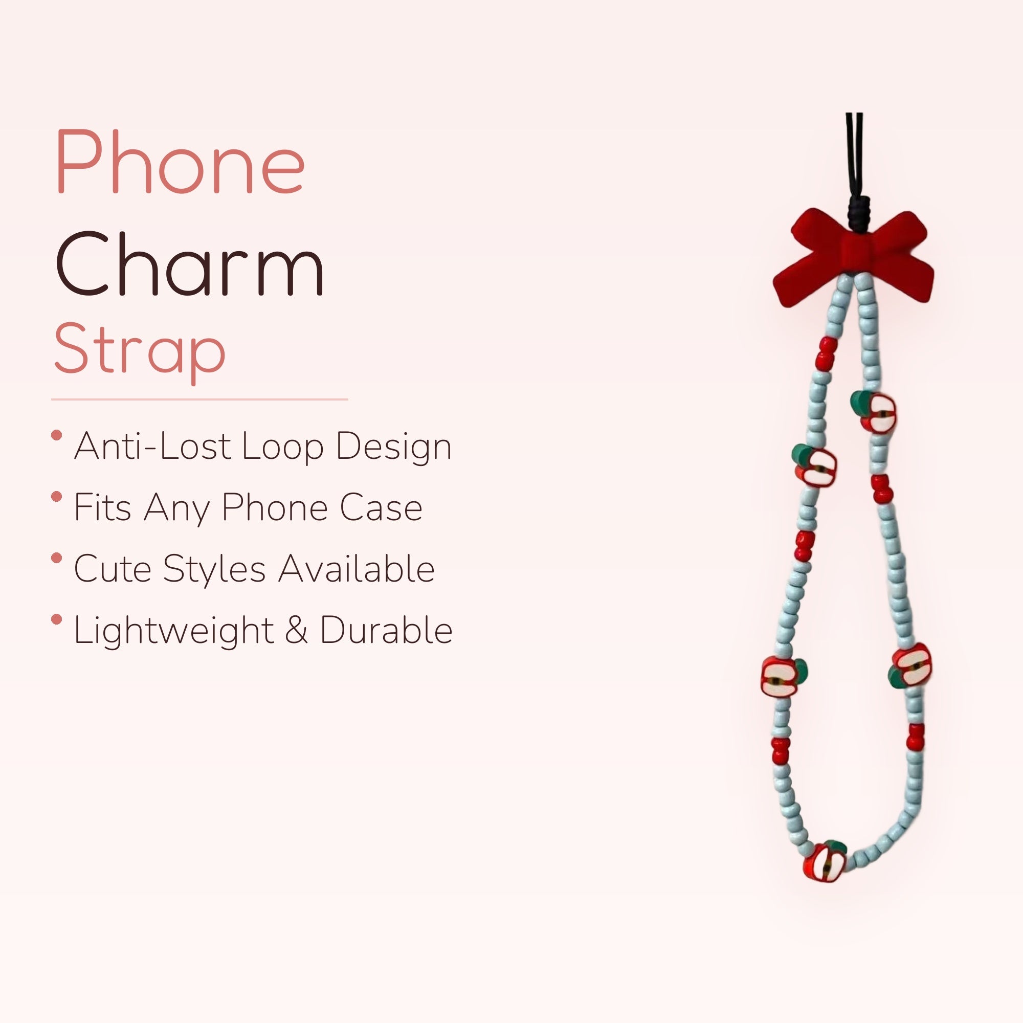 Cute Apple & Red Beaded Phone Charm Strap | Kawaii Light Blue Wrist Lanyard