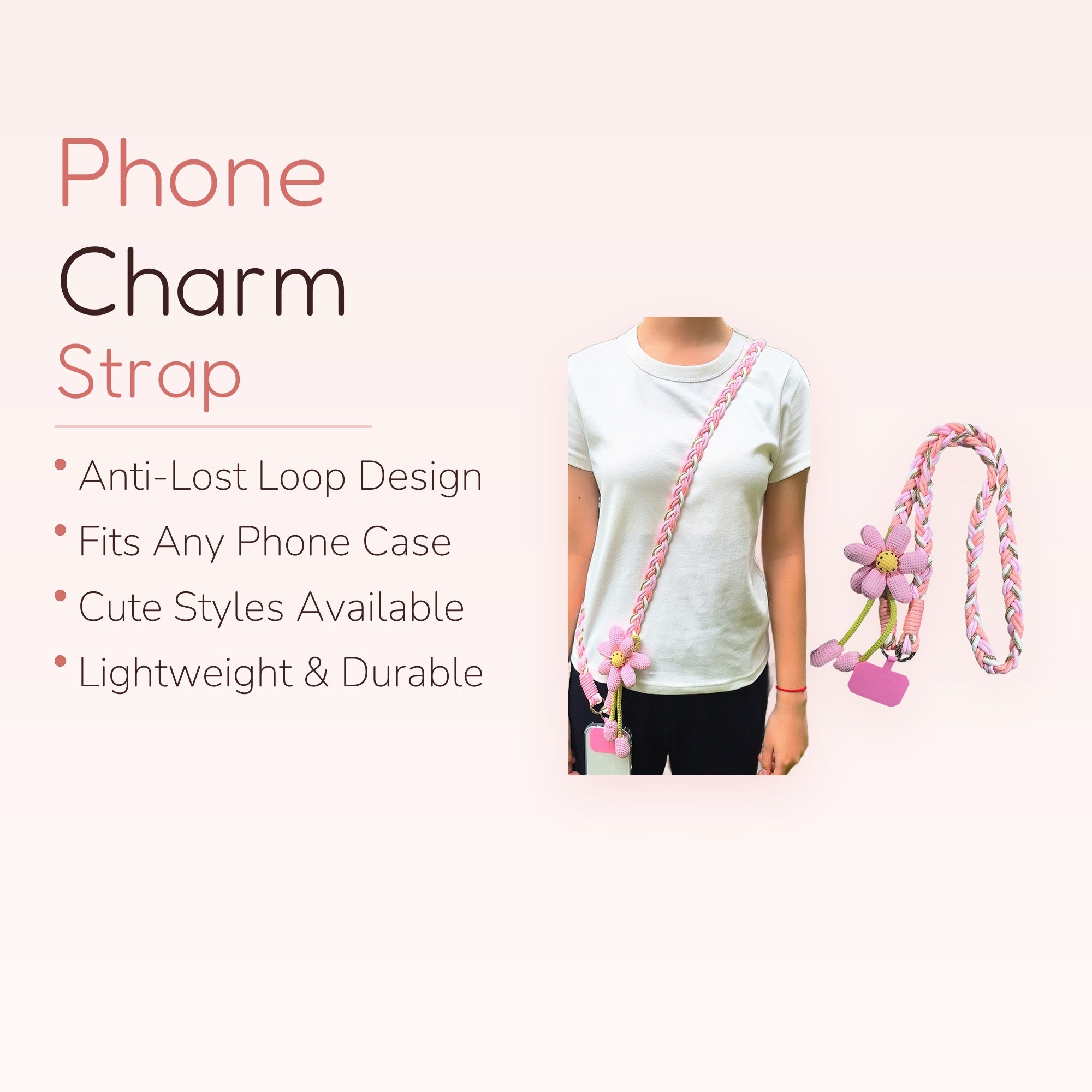 Cute Braided Daisy Phone Lanyard | Pink & Gold Crossbody Phone Strap