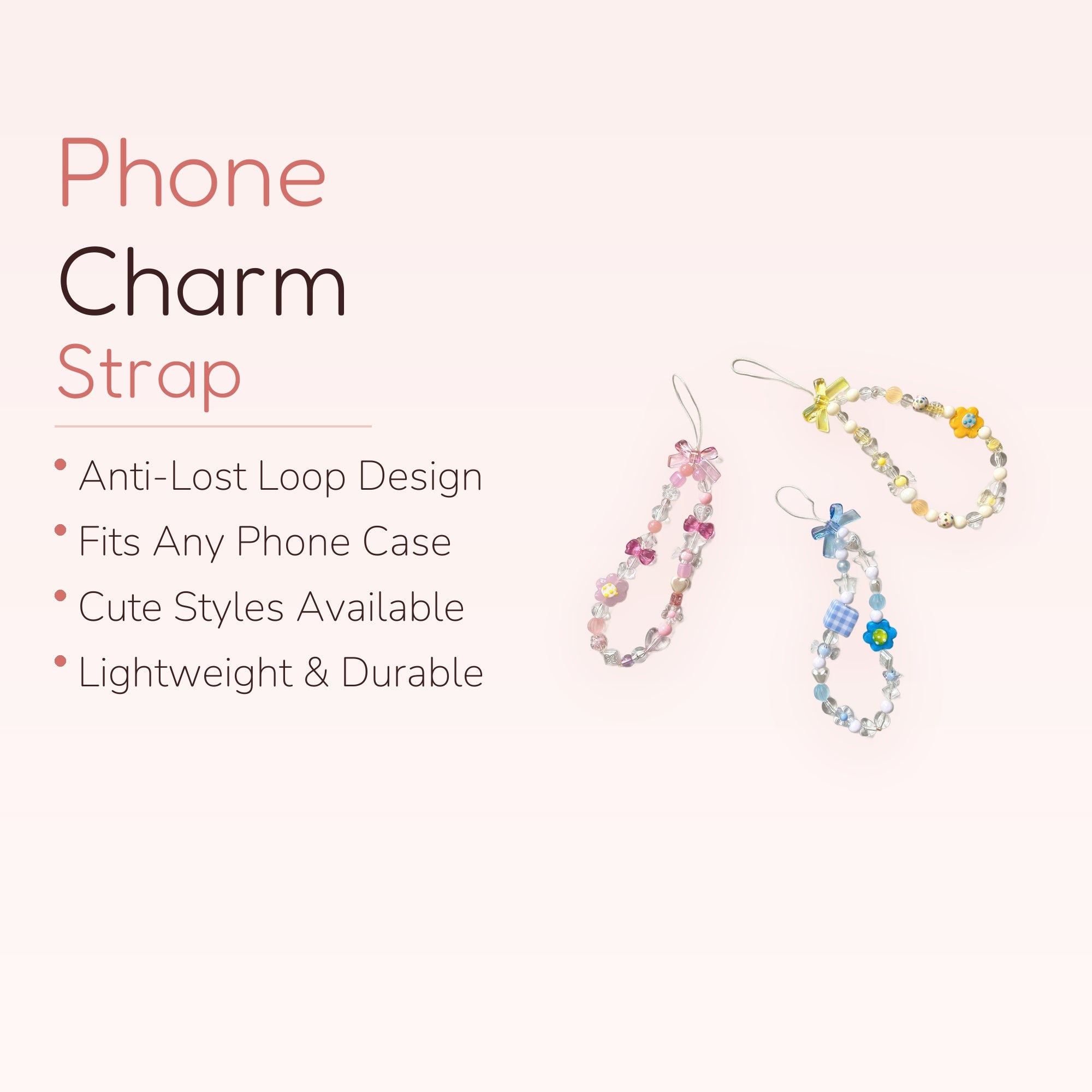 Flower Bow Beaded Phone Charm Strap | Crystal Wrist Lanyard