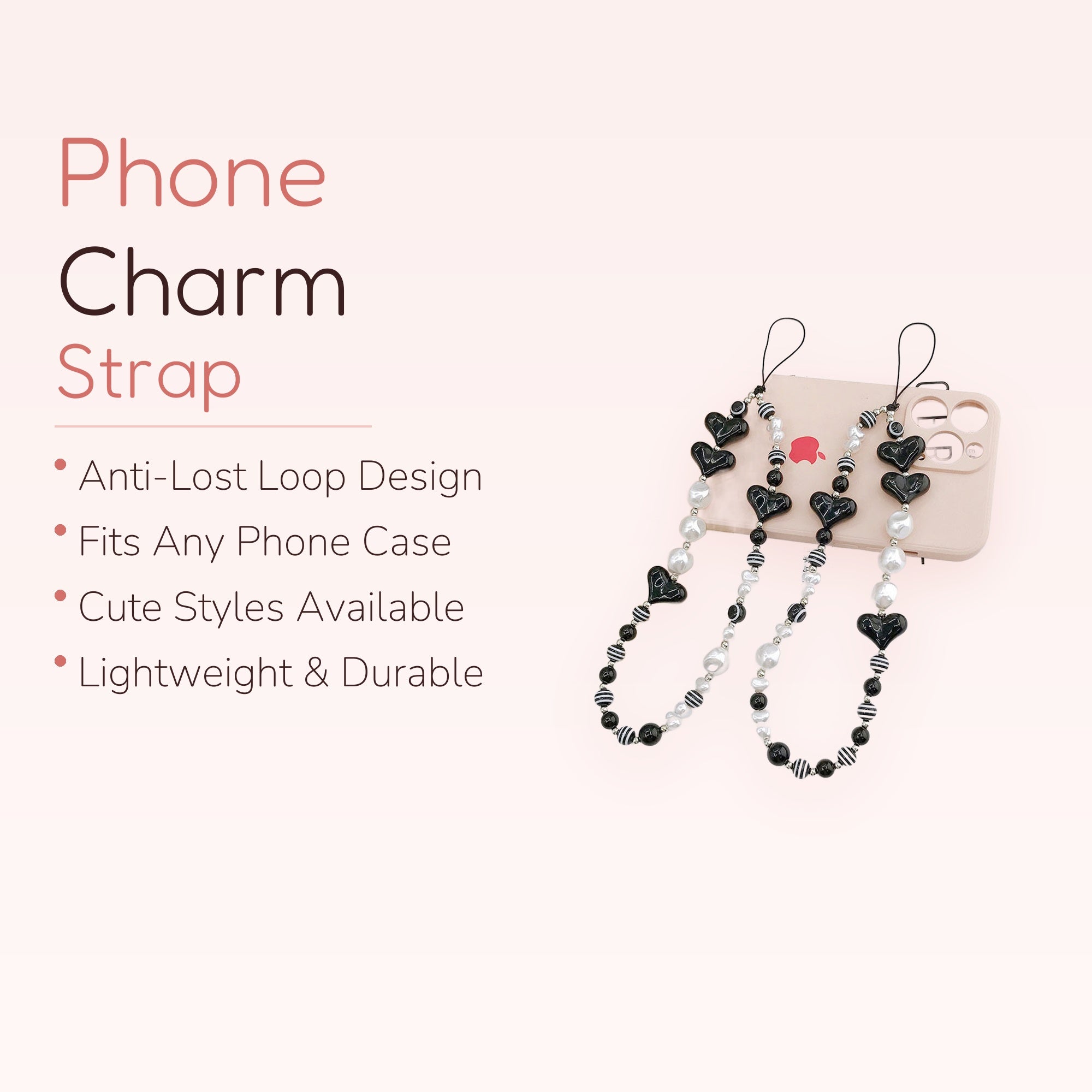 Black Heart & Pearl Phone Charm Strap | Cute Beaded Wrist Lanyard