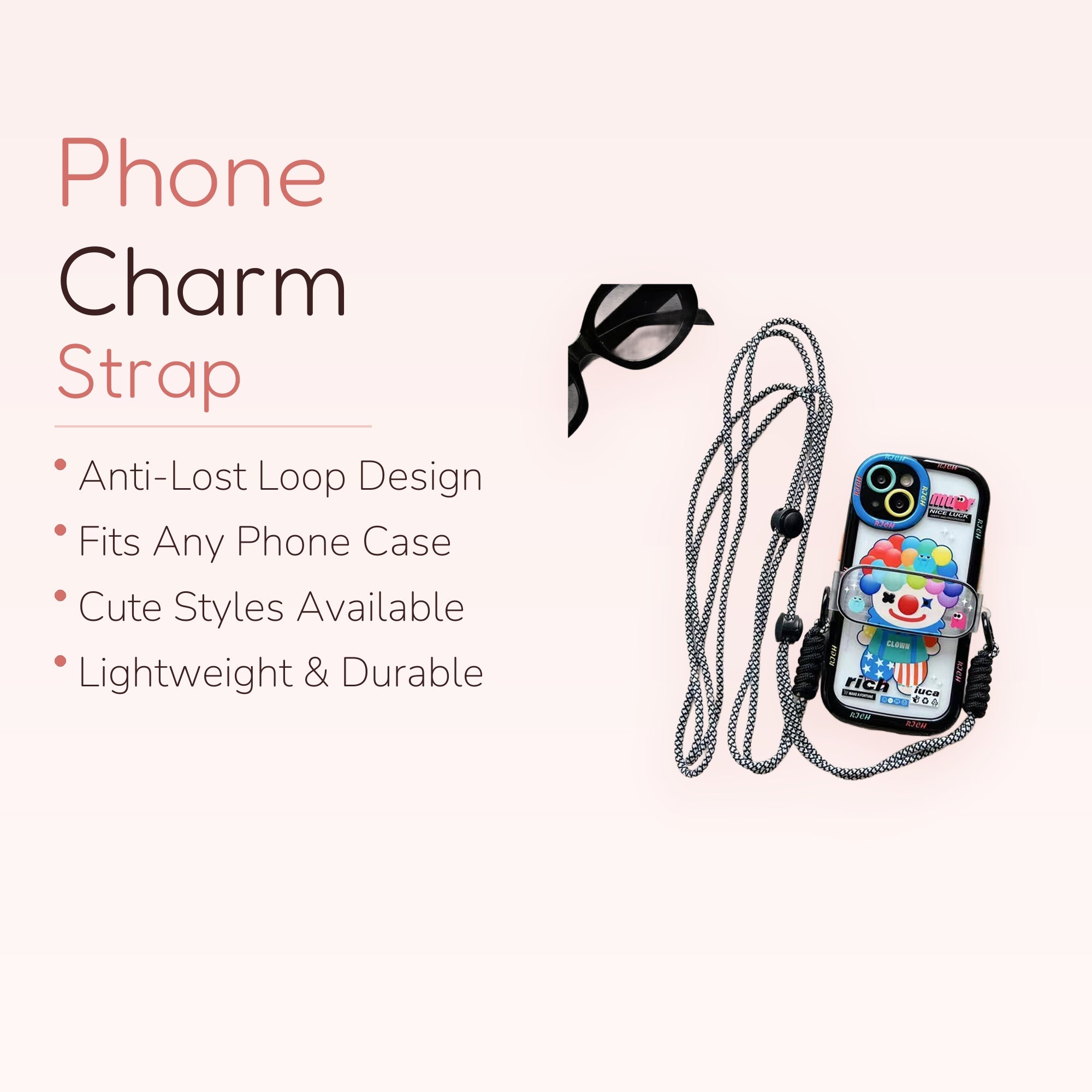 Cute Clown Phone Charm Lanyard | Aesthetic Black & White Crossbody Strap