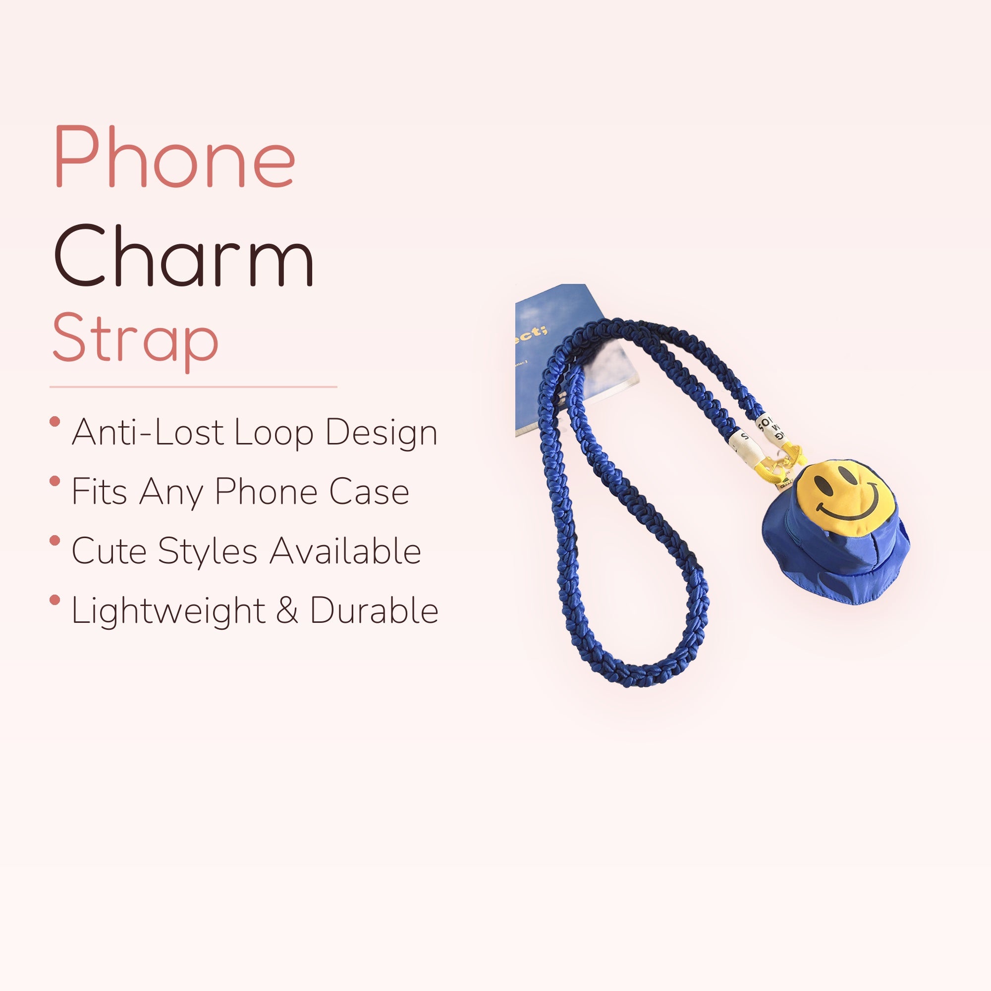 Blue Braided Lanyard Phone Charm | Cute Smiley Face Bucket Hat Strap
