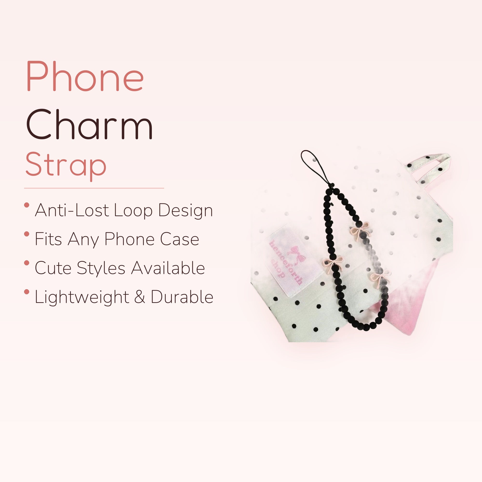 Black Beaded Phone Charm Strap with Pink Bows | Cute Polka Dot Wrist Lanyard