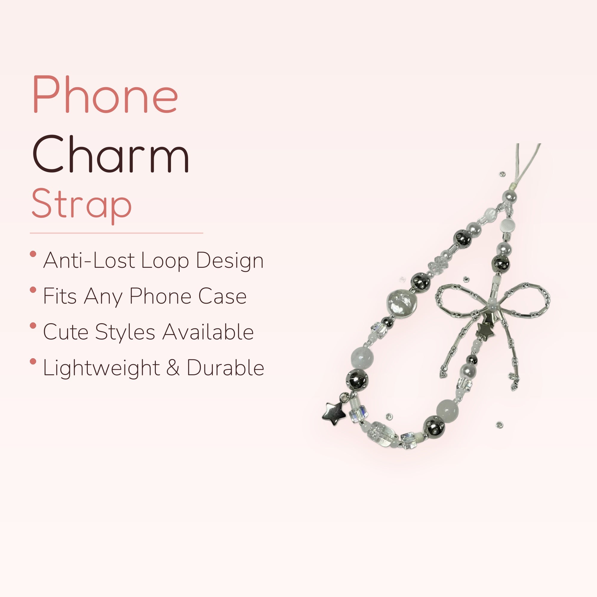 SIMPLYBUBBI — Lunar Bow & Star Beaded Phone Strap | Silver & White Lanyard