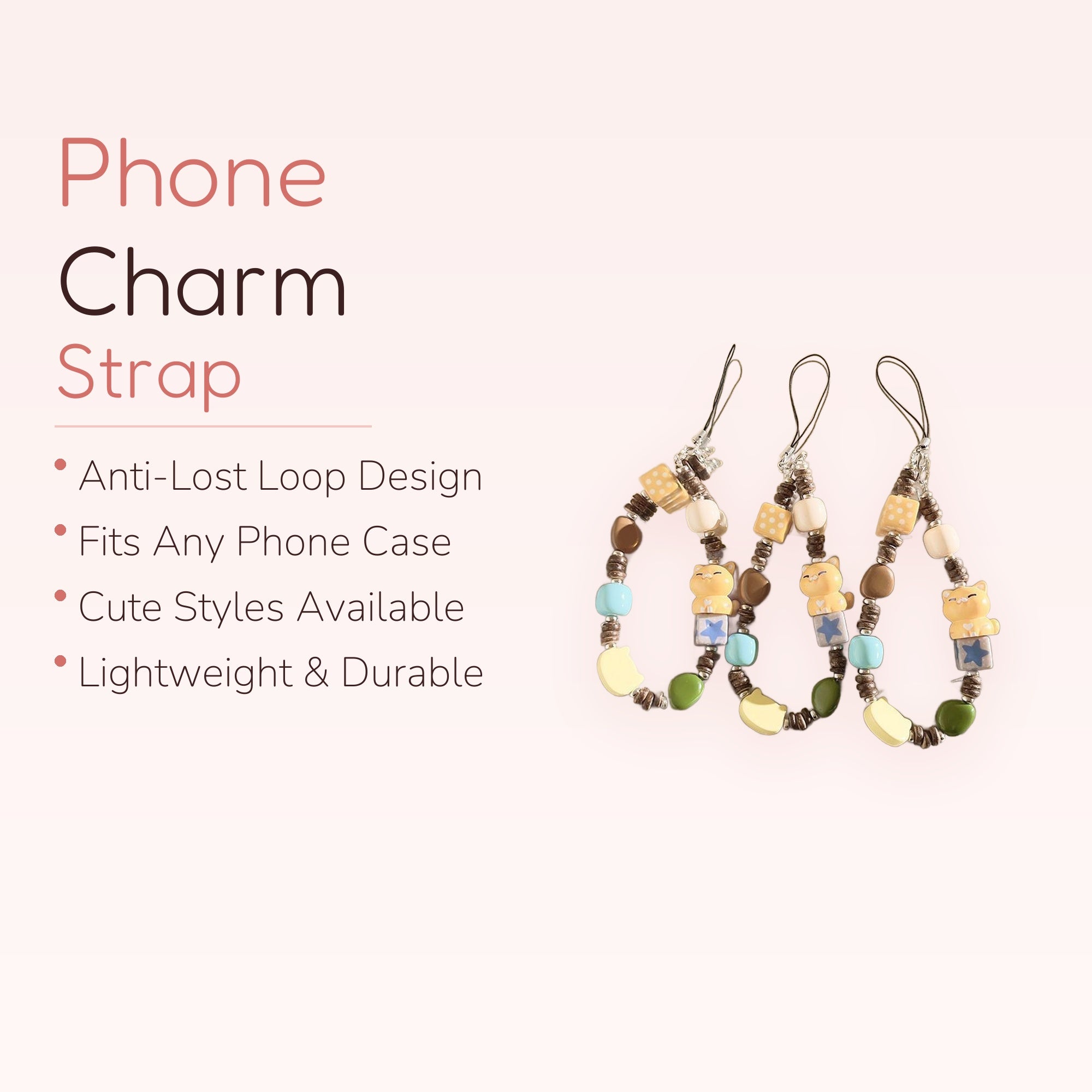 Cute Cat & Star Beaded Phone Charm Strap | Pastel Aesthetic Wrist Lanyard