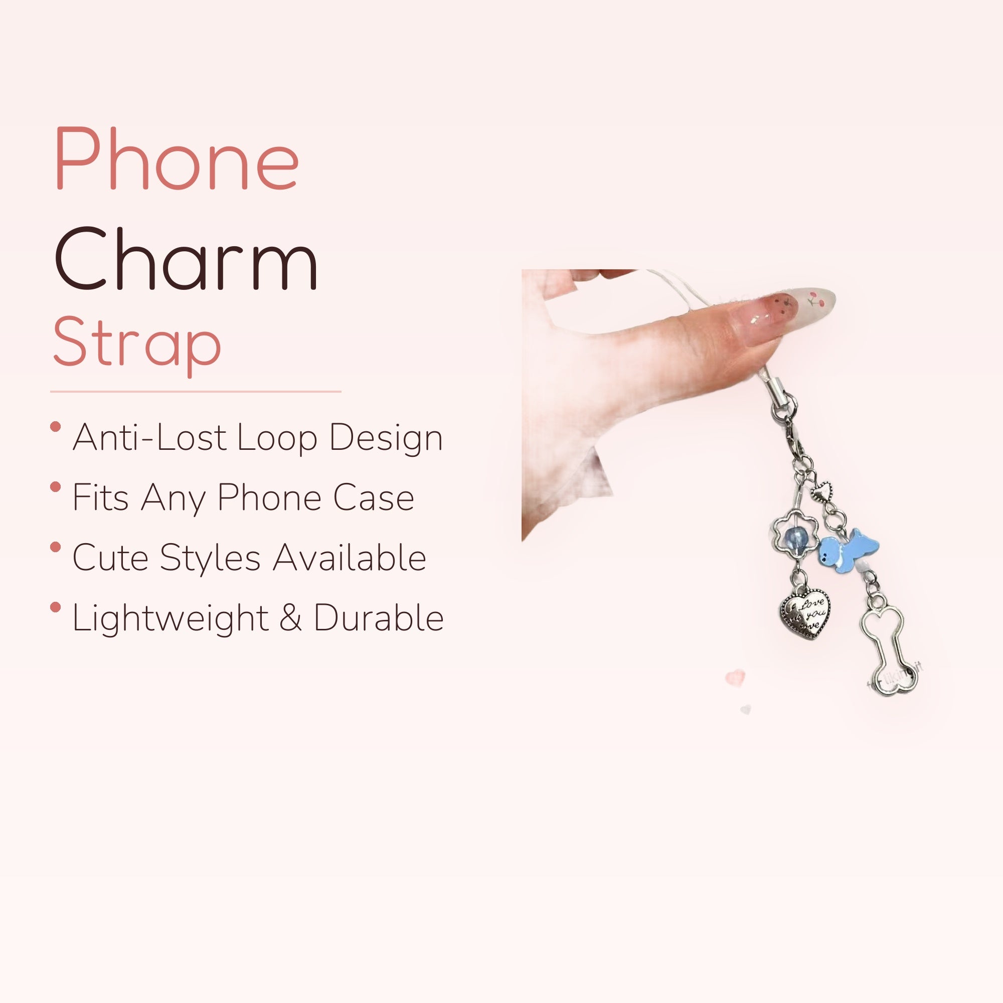 Y2K Silver Charm Phone Strap | Blue Dino & Heart Beaded Wrist Lanyard