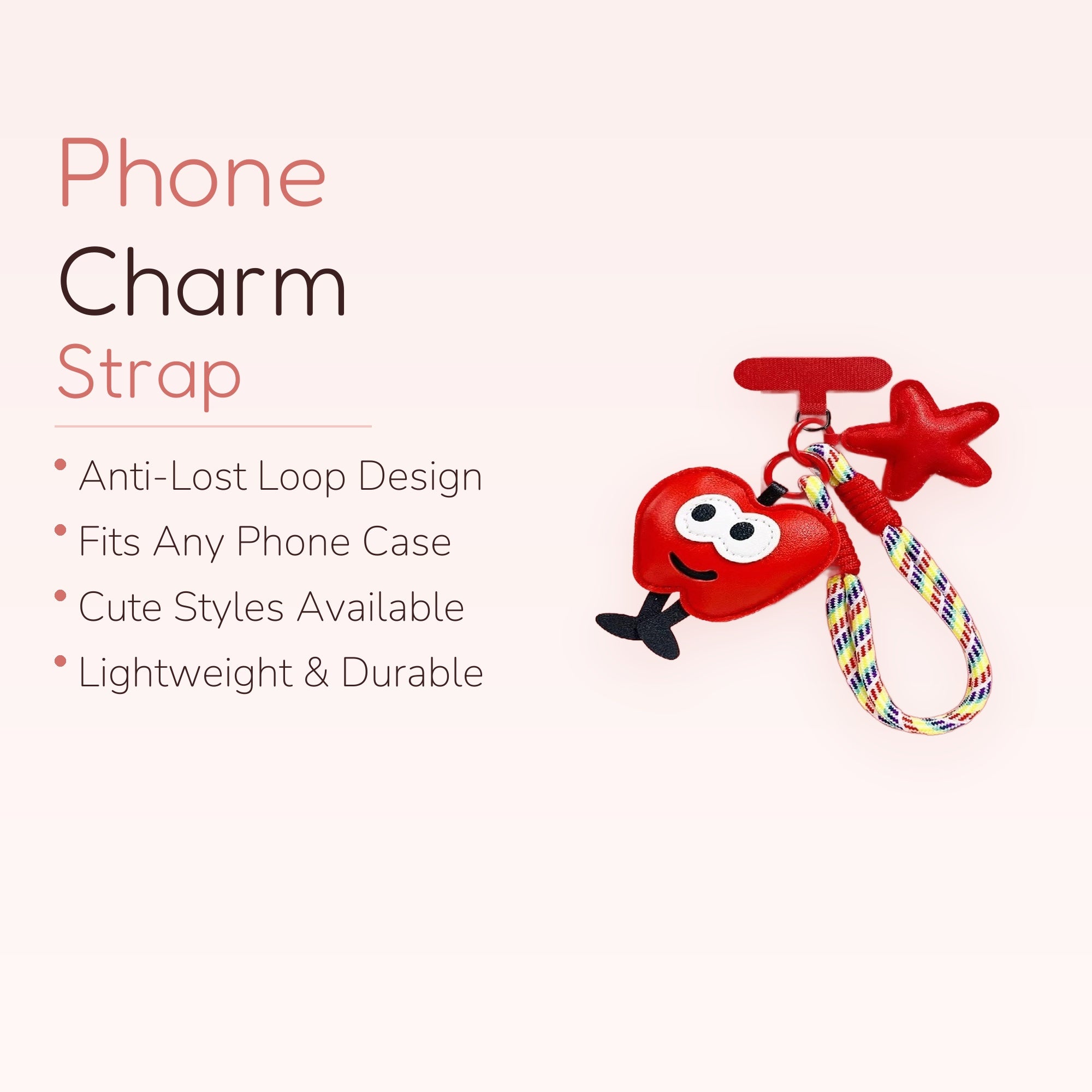 Cute Red Heart & Star Phone Charm | Kawaii Rainbow Wrist Lanyard