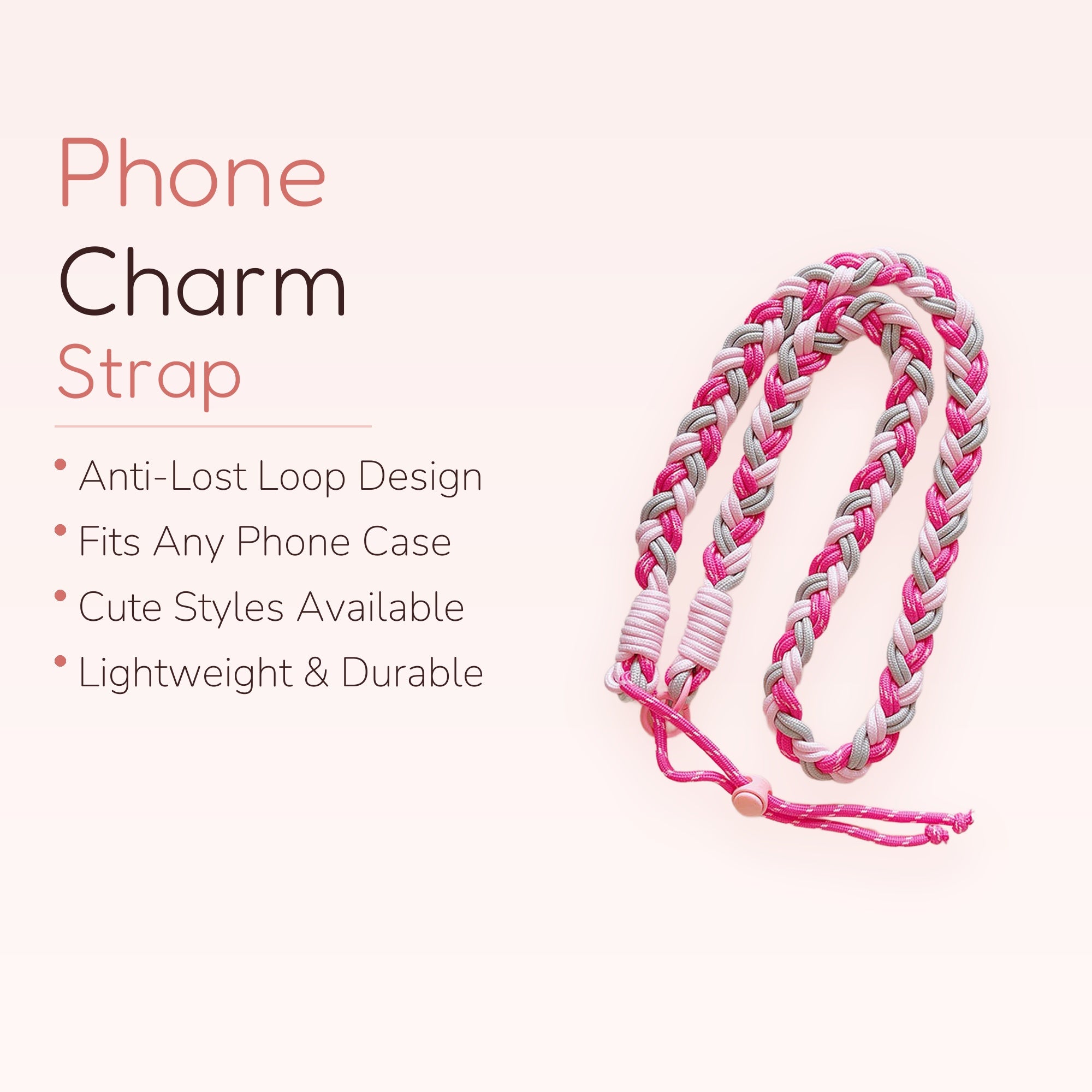 Pink & Gray Braided Phone Lanyard | Aesthetic Adjustable Neck Strap