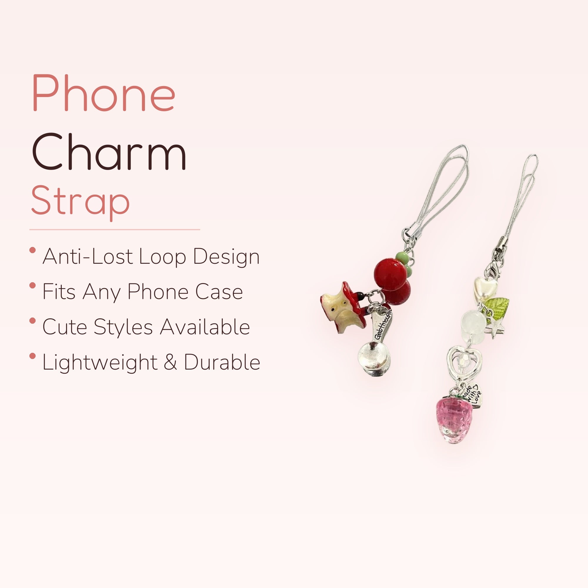 Kawaii Apple & Strawberry Phone Charm Strap | Cute Fruit Beaded Wrist Lanyard