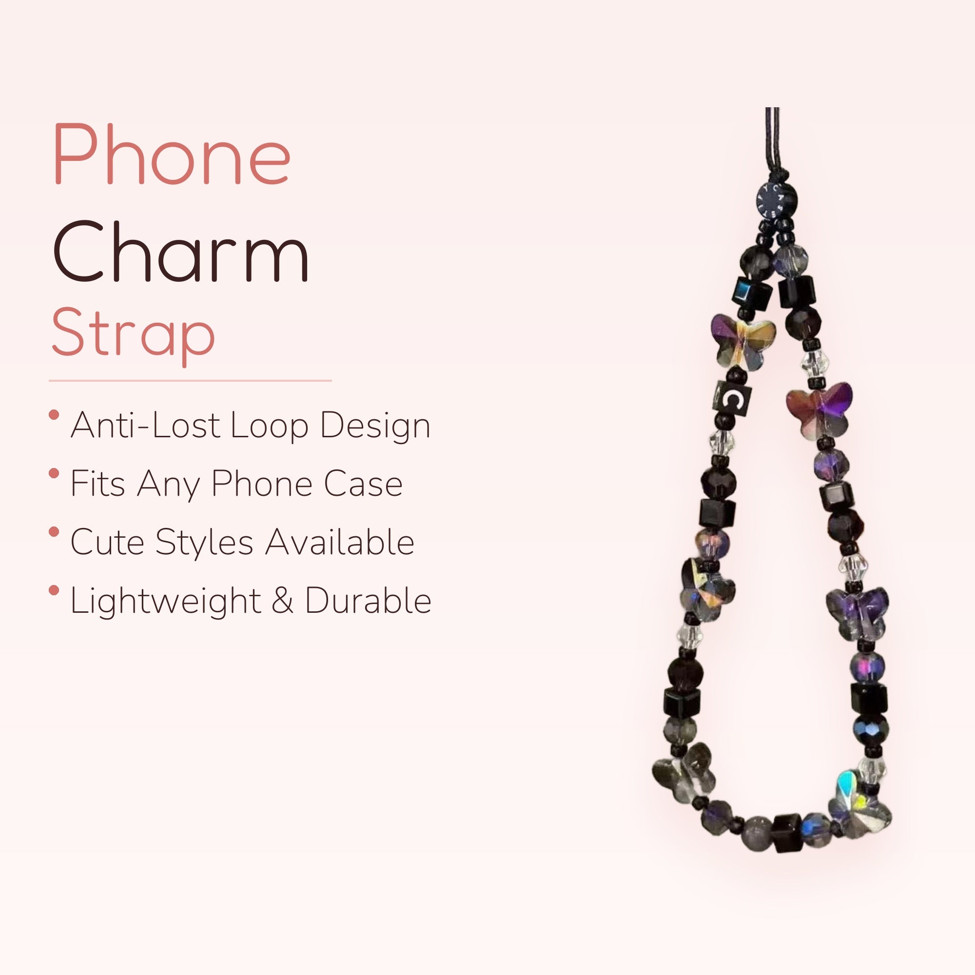 Aesthetic Iridescent Butterfly Phone Charm | Dark Crystal Beaded Wrist Strap