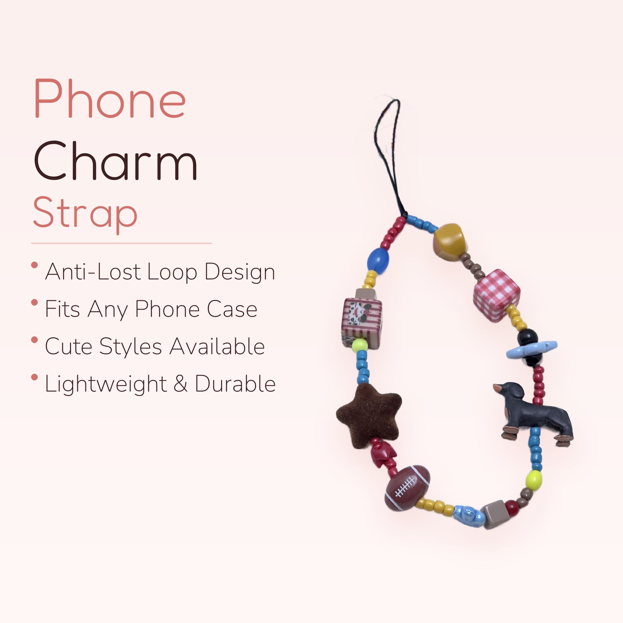 Cute Assorted Bead Phone Charm Strap | Kawaii Dog Star Football Wrist Lanyard