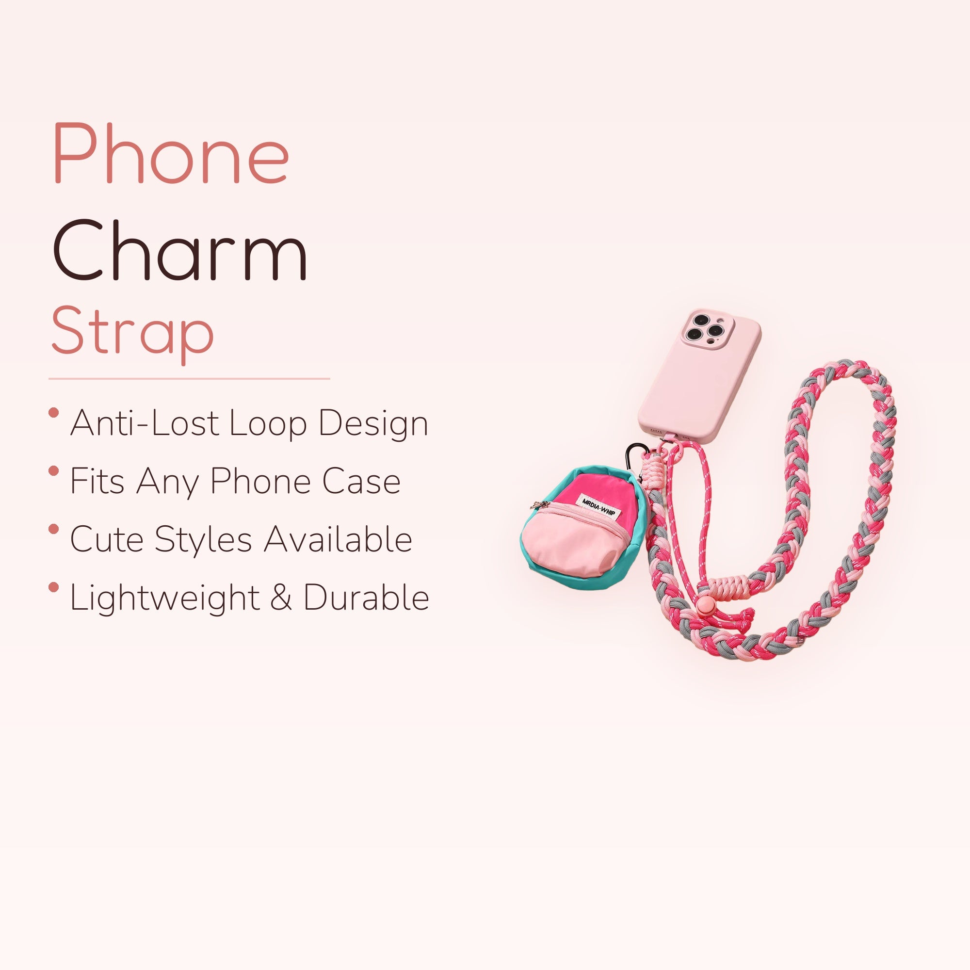 Adjustable Braided Crossbody Phone Lanyard | Pink & Gray Woven Strap with Mini Pouch