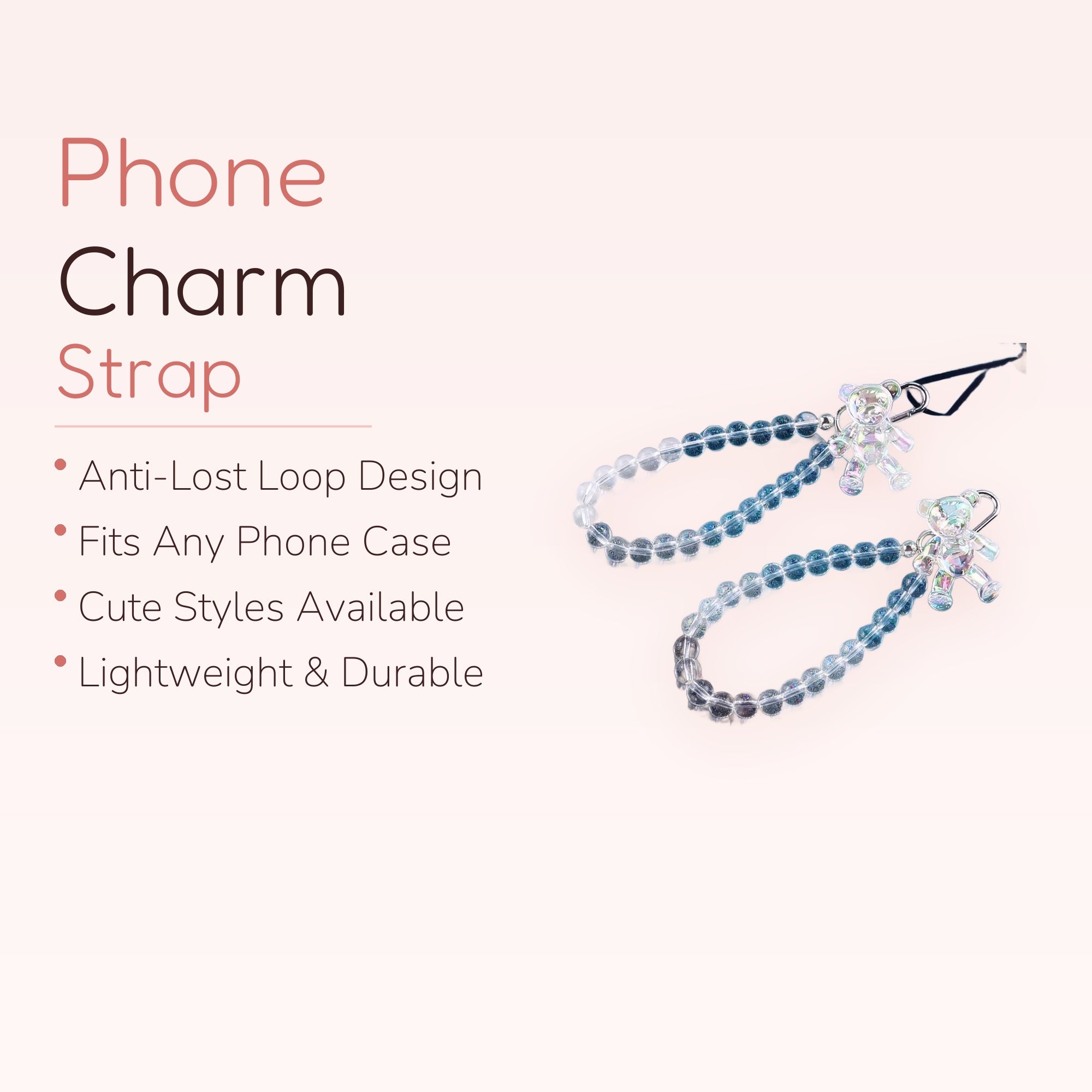 Iridescent Bear Phone Charm Strap | Crystal Bead Wrist Lanyard