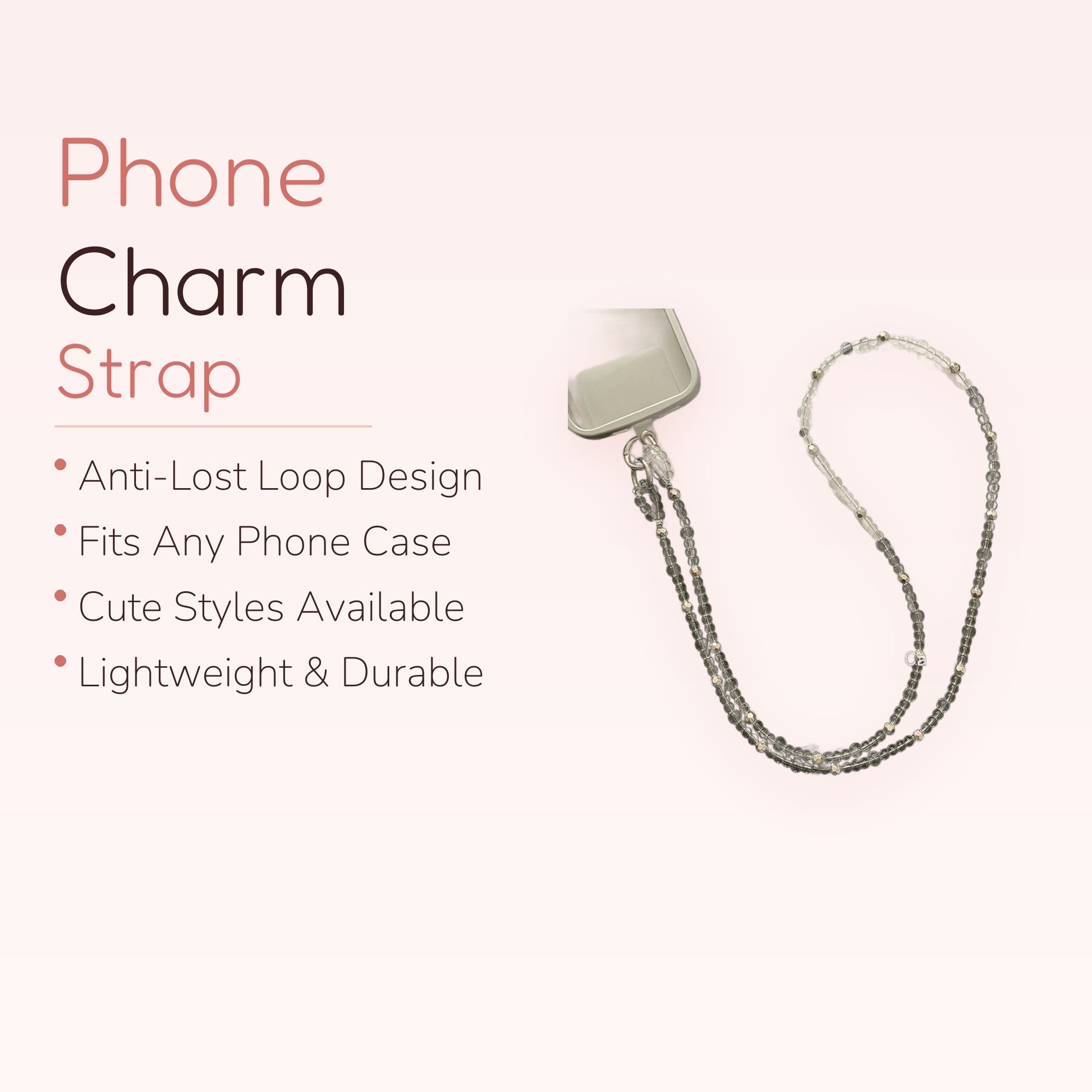 Clear Beaded Phone Charm Lanyard | Aesthetic Crystal & Silver Bead Strap