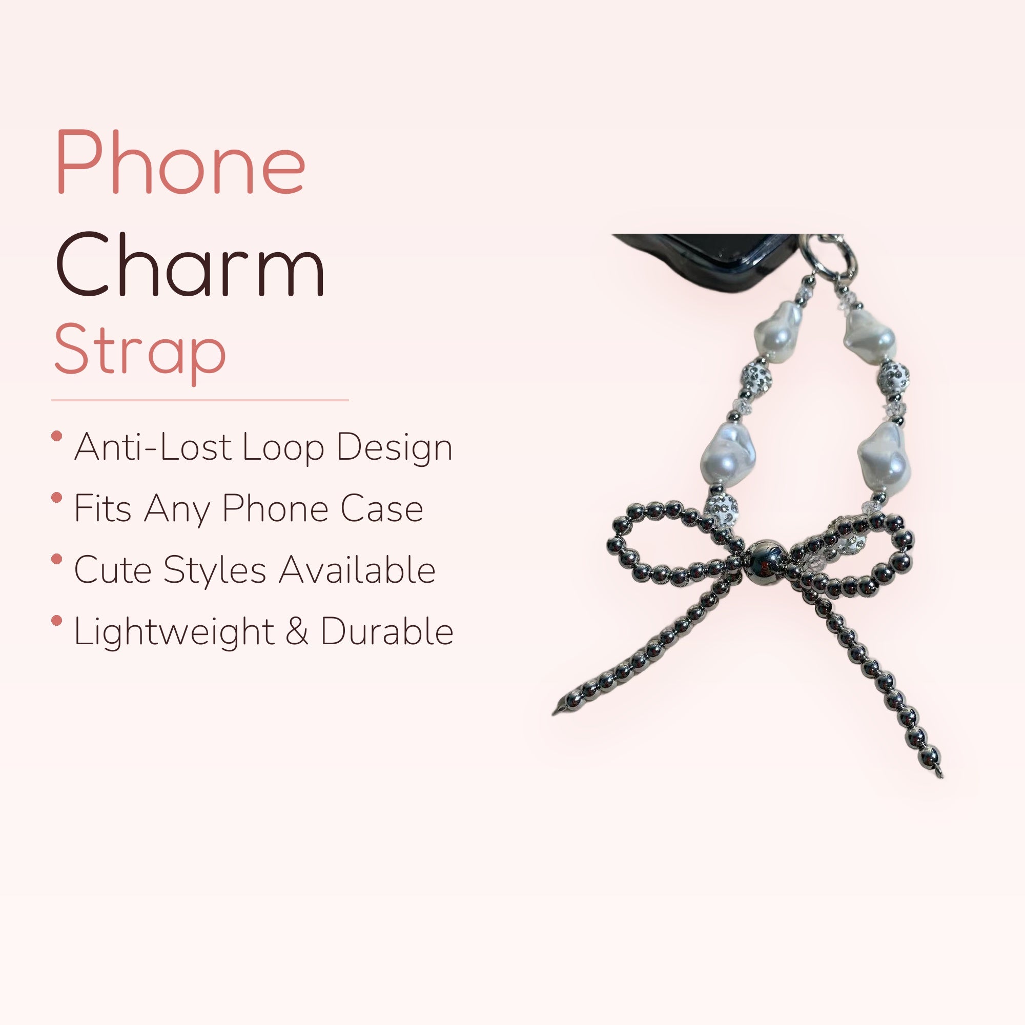 Elegant Baroque Pearl & Silver Beaded Phone Charm | Aesthetic Bow Wrist Strap