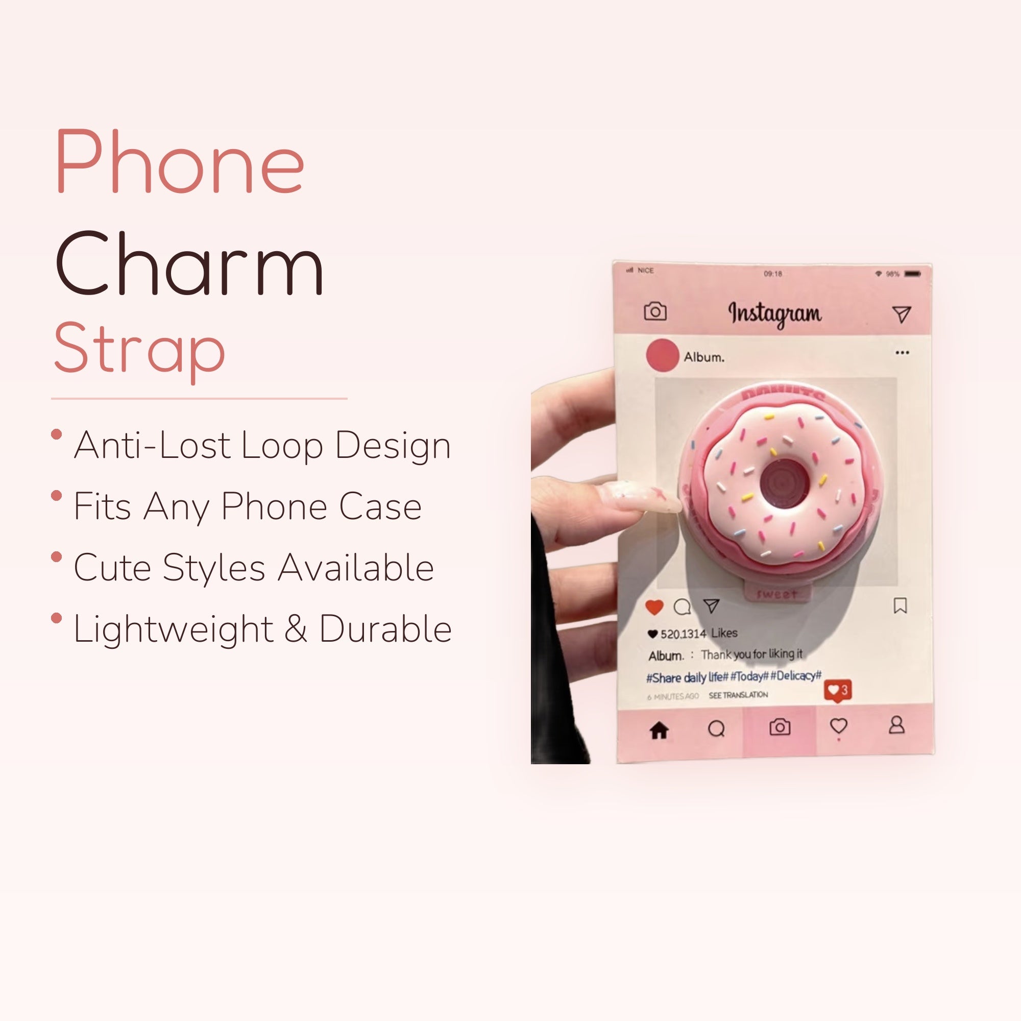 Pink Donut Instagram Phone Grip | Kawaii Pop Socket Stand for Girls