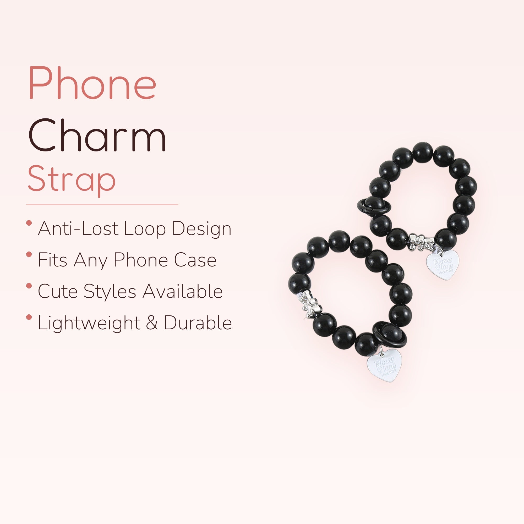 Chic Black Bead Phone Charm Strap | Heart Tag Wrist Lanyard