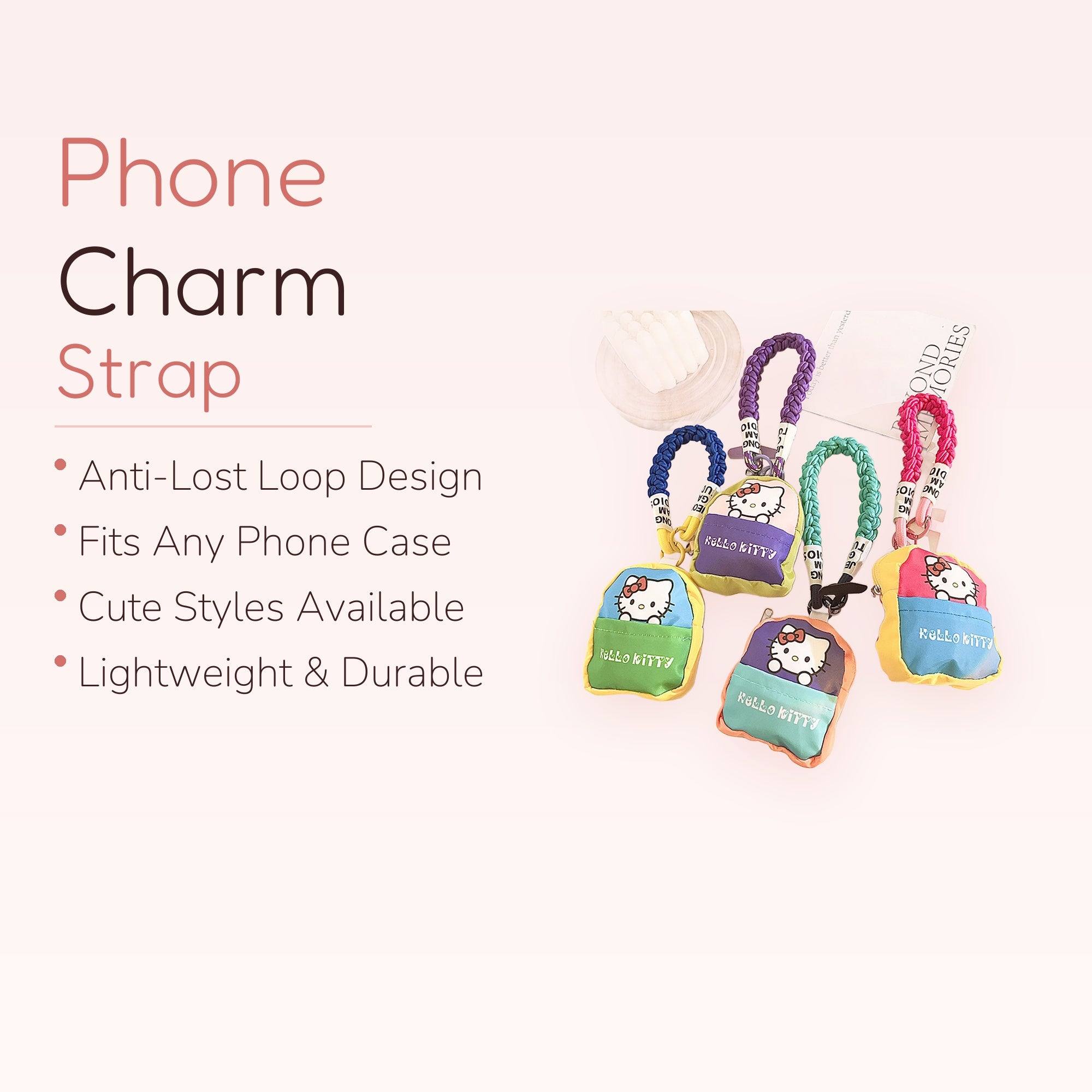 Kawaii Hello Kitty Mini Backpack Phone Charm | Colorful Braided Wrist Strap Lanyard