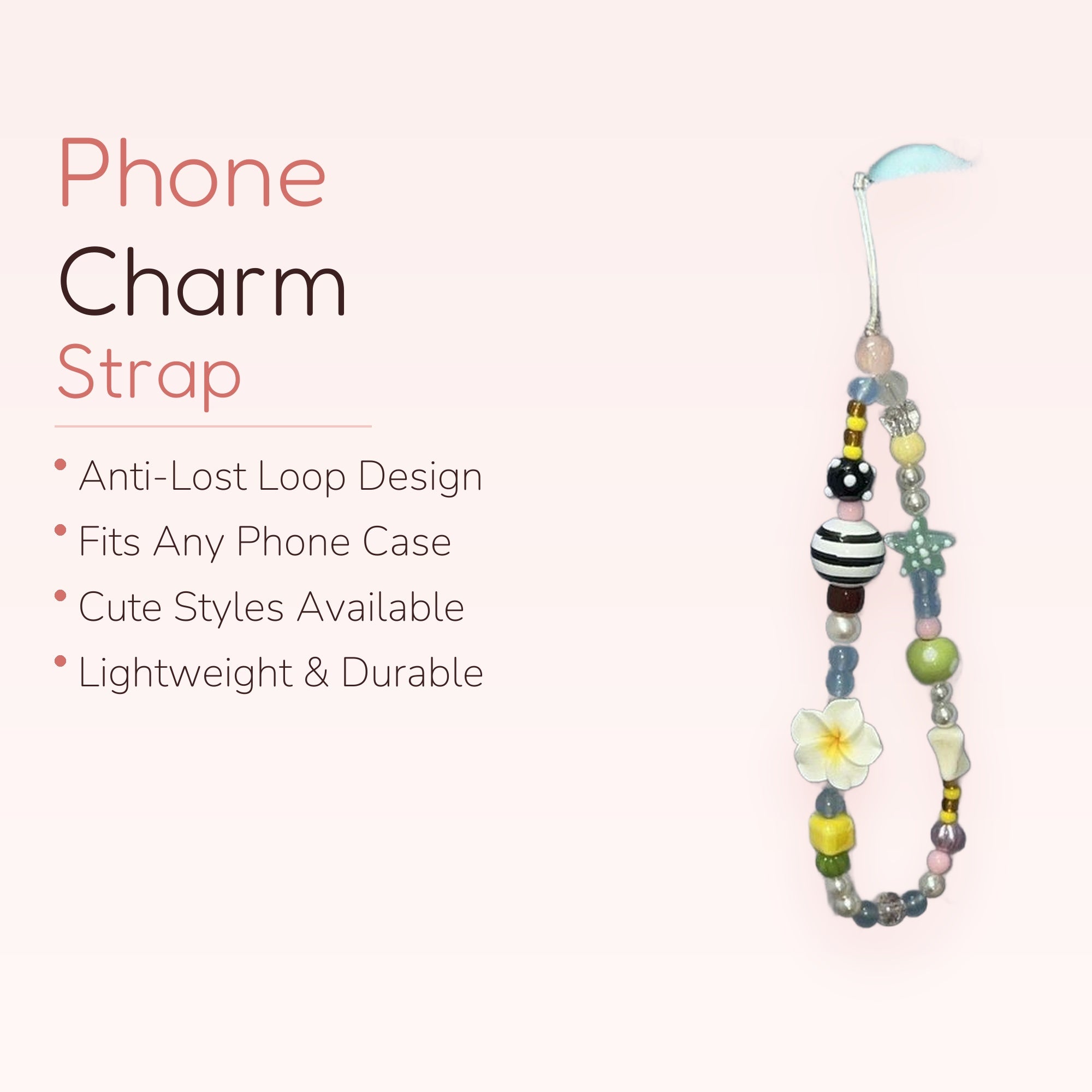 Kawaii Beaded Phone Charm Strap | Pastel Floral Star & Striped Bead Lanyard