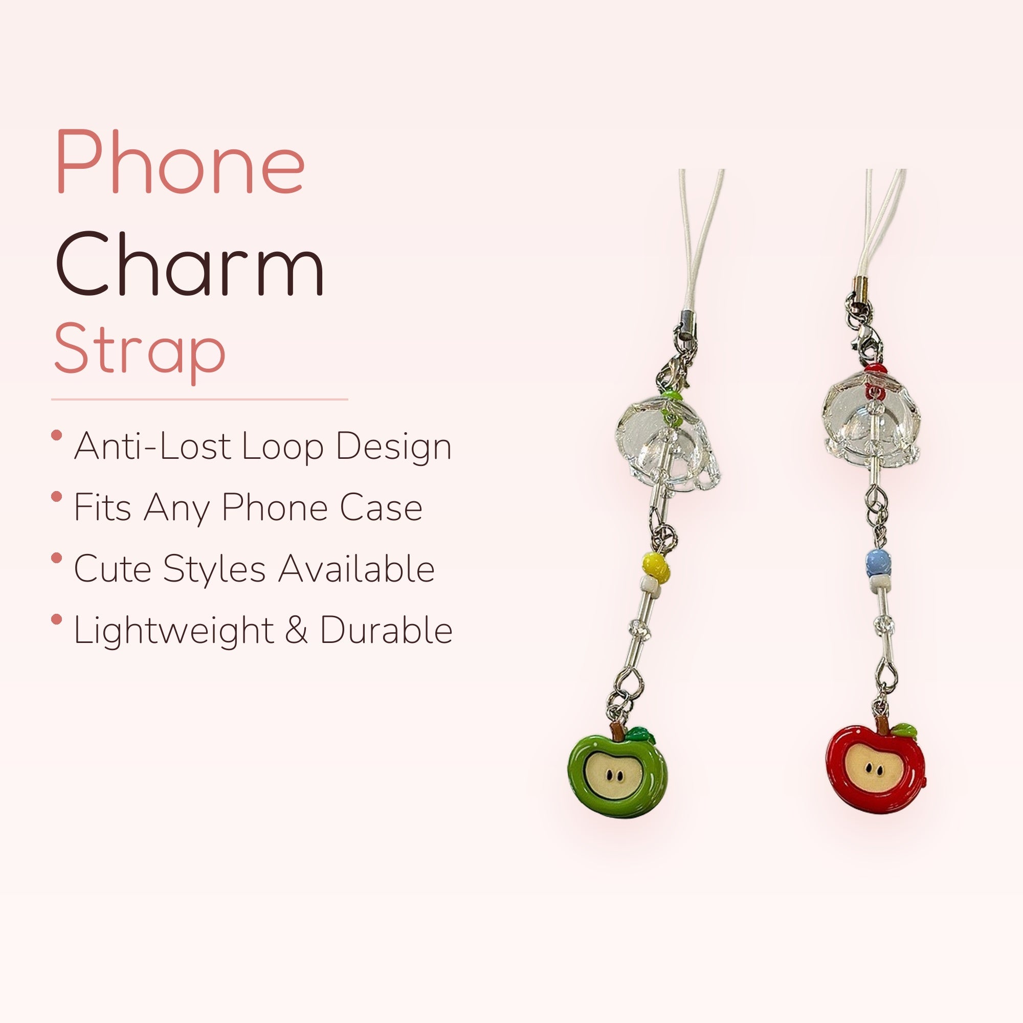 Cute Apple & Clear Bell Phone Charm | Kawaii Beaded Phone Strap