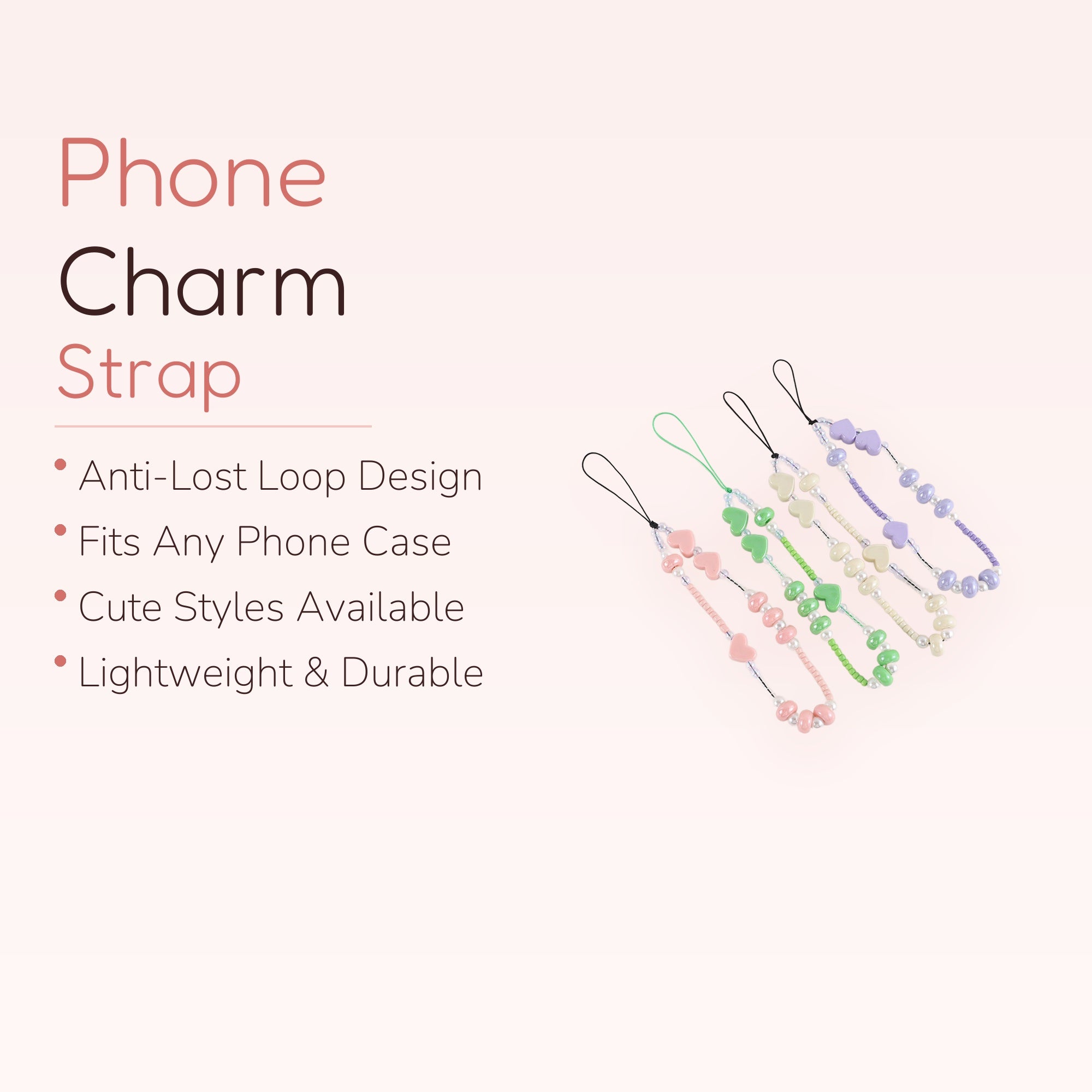 Pastel Heart & Pearl Phone Charm Strap | Cute Beaded Wrist Lanyard