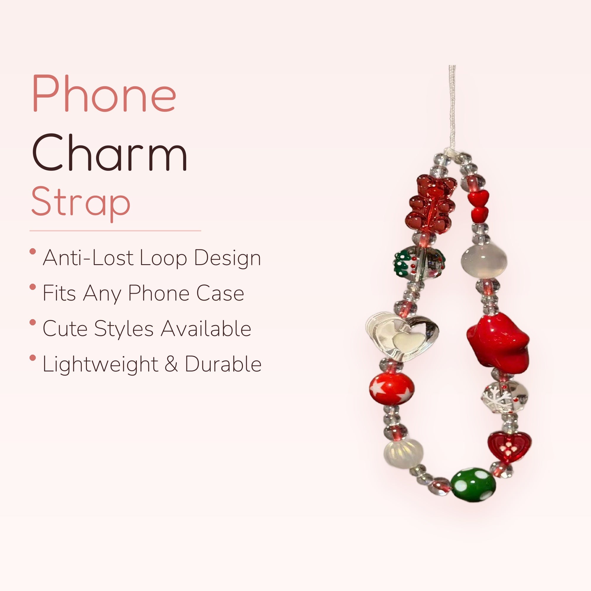 Kawaii Red & White Beaded Phone Charm Strap | Cute Gummy Bear & Heart Wrist Lanyard