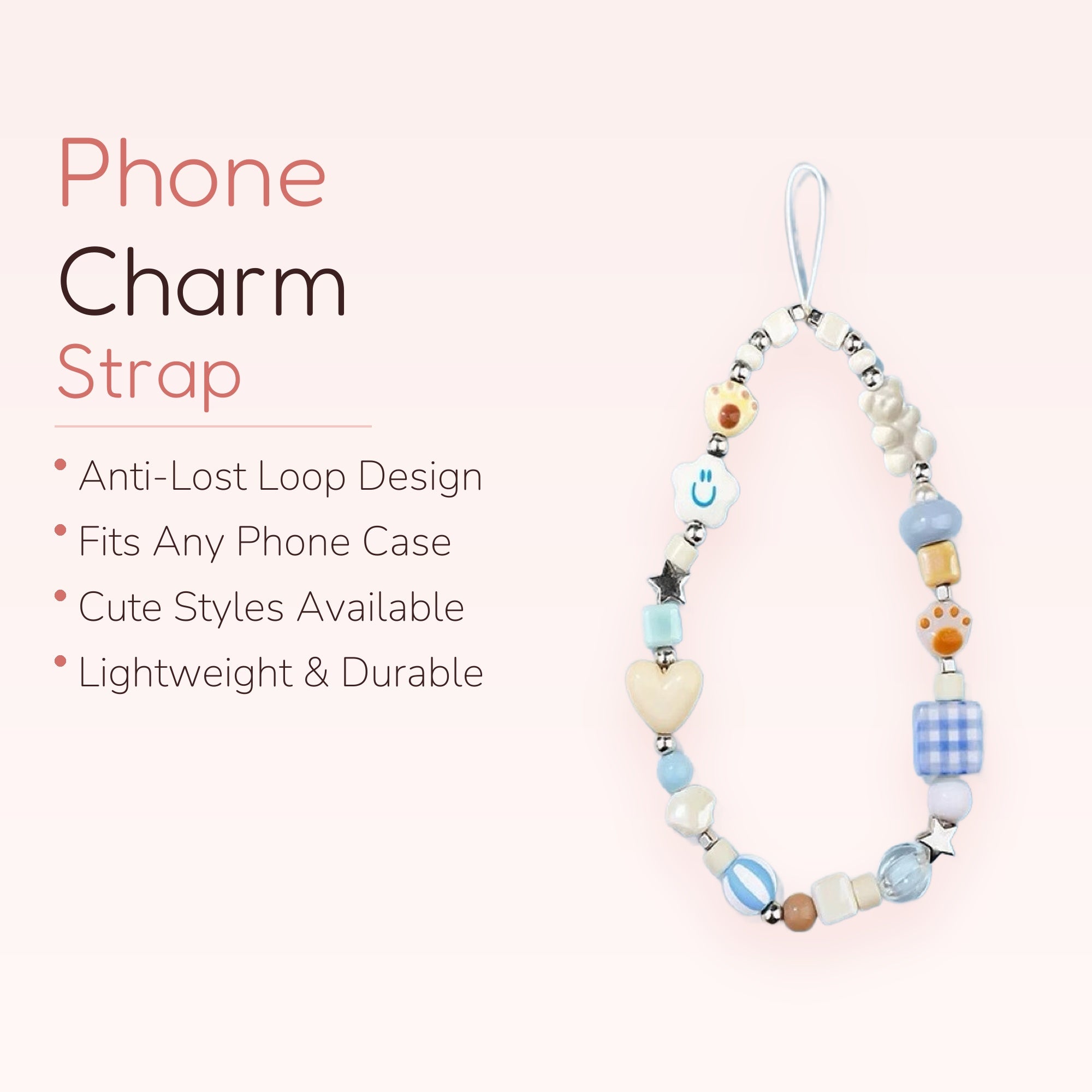Kawaii Pastel Beaded Phone Charm Strap | Cute Bear & Heart Wrist Lanyard