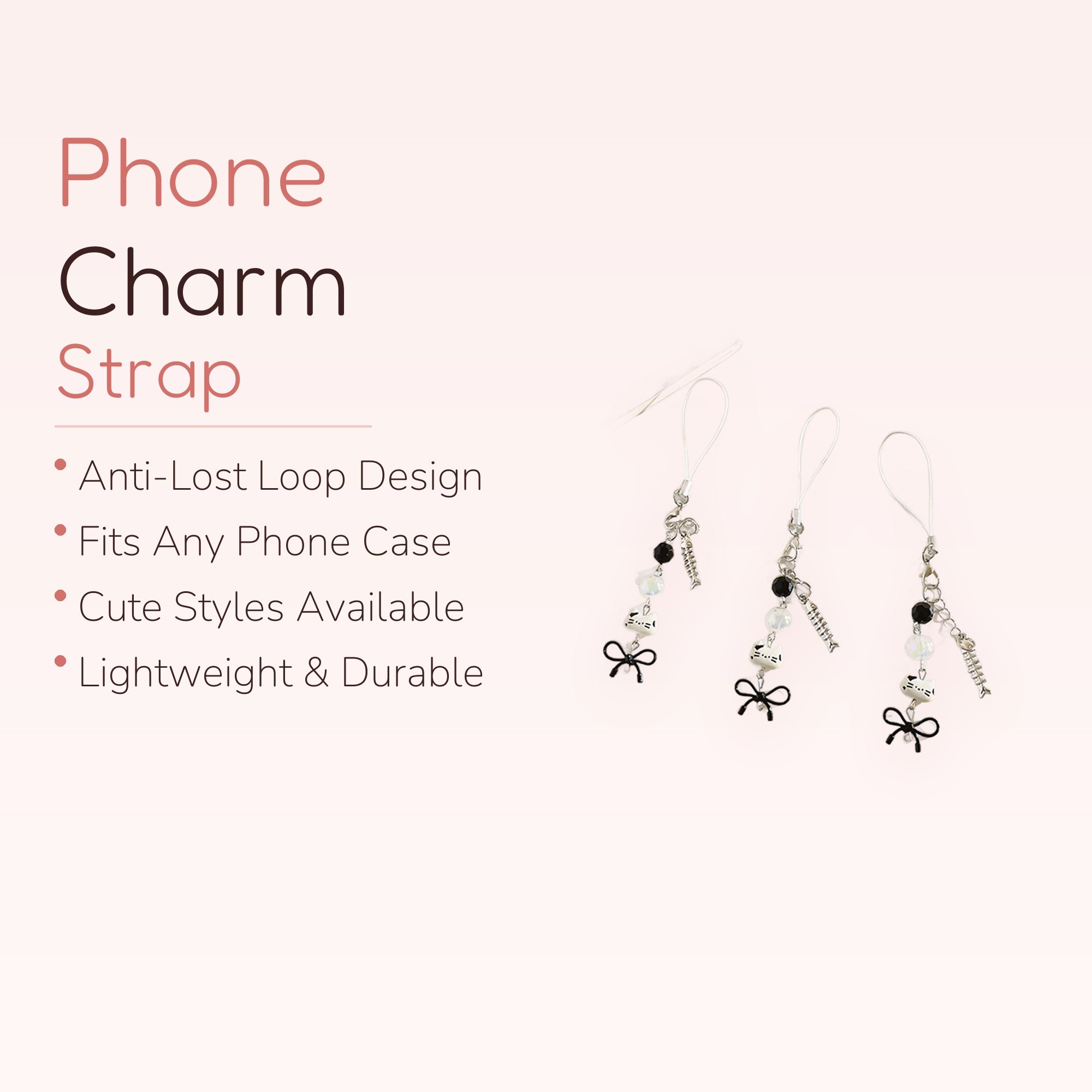 Cute Cat & Fishbone Phone Charm Strap | Black & White Beaded Wrist Lanyard