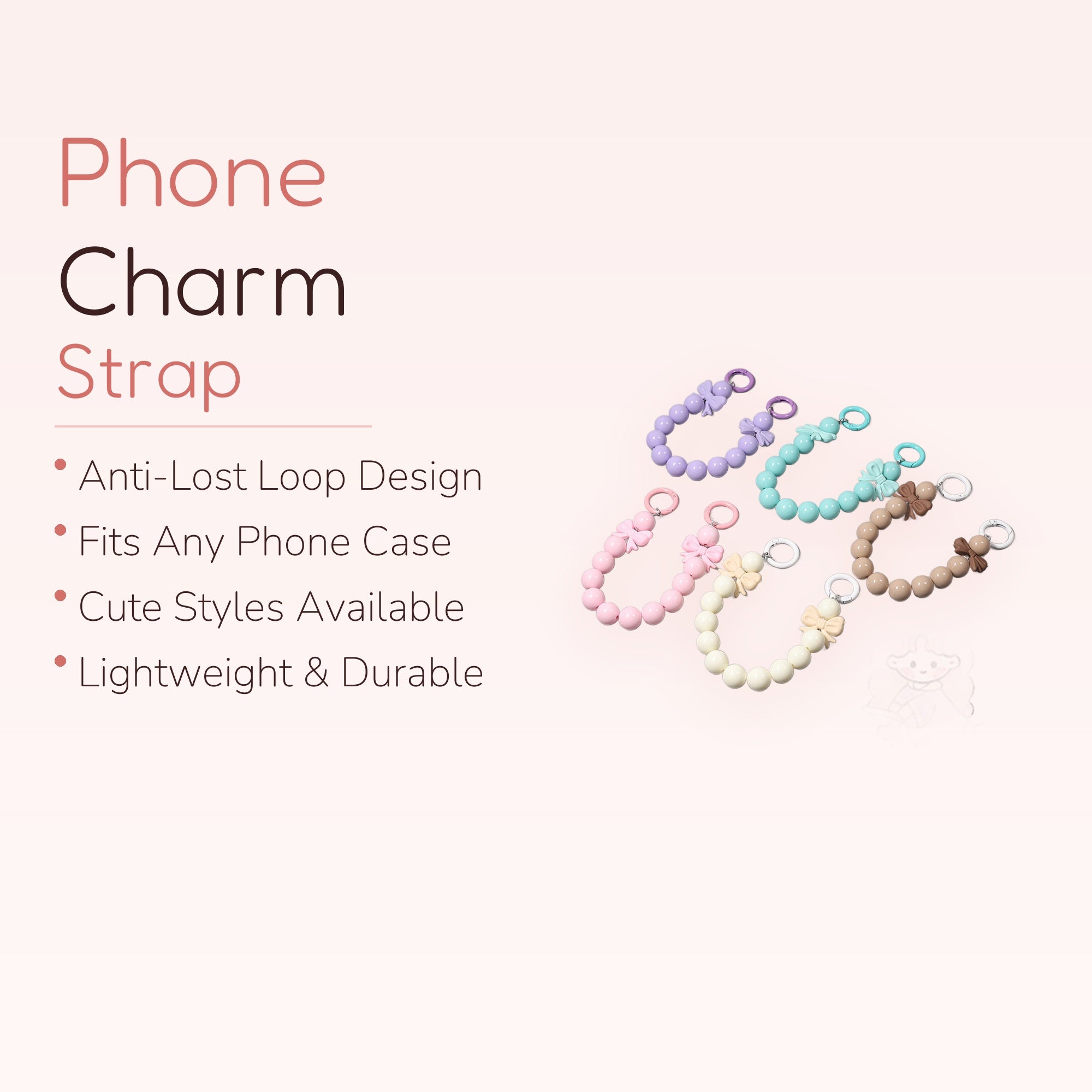 Kawaii Bow Bead Phone Charm Strap | Cute Wrist Lanyard