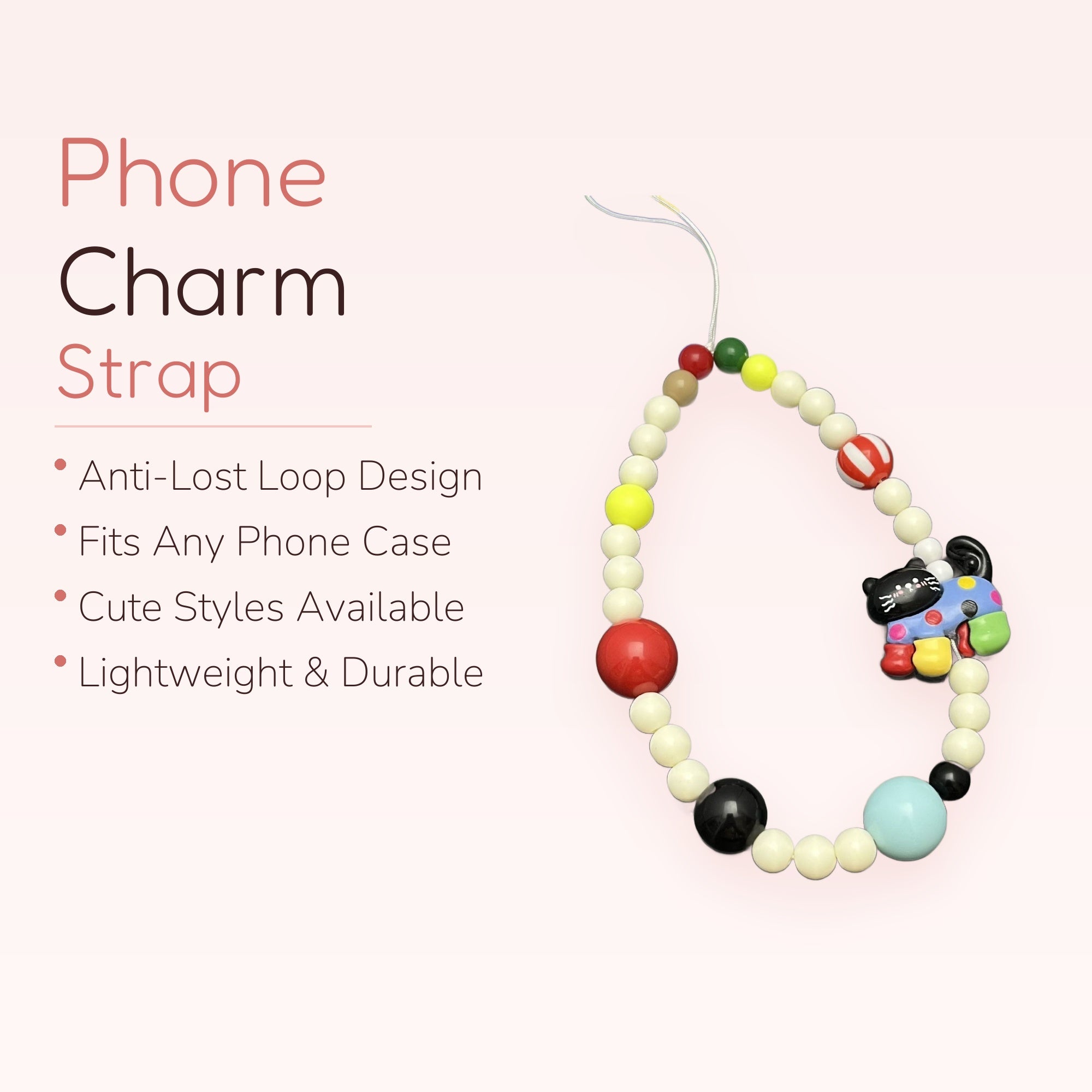Y2K Beaded Cat Phone Charm Strap | Colorful Pearl & Kitty Wrist Lanyard
