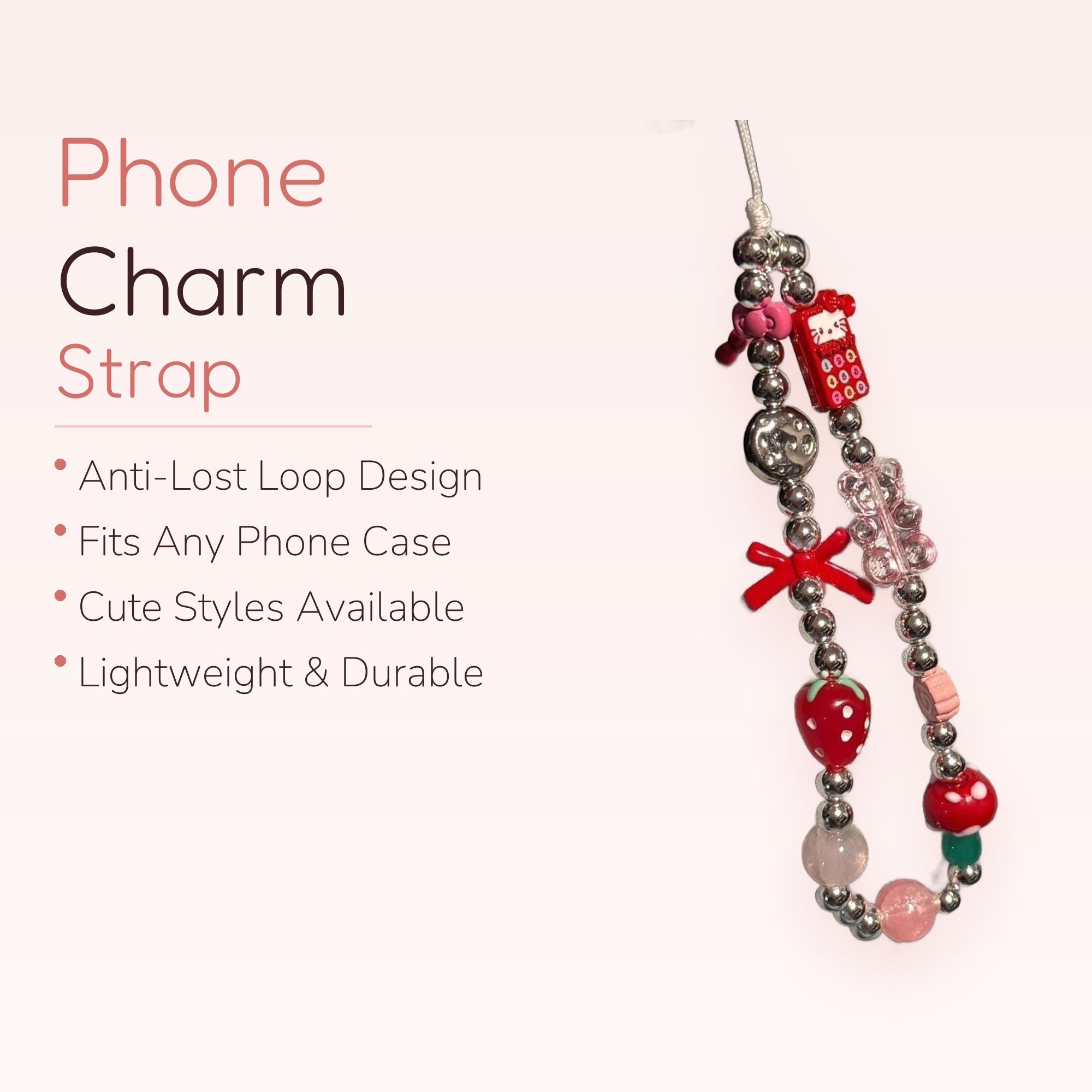 Y2K Silver Beaded Hello Kitty Phone Charm | Kawaii Strawberry Mushroom Wrist Strap