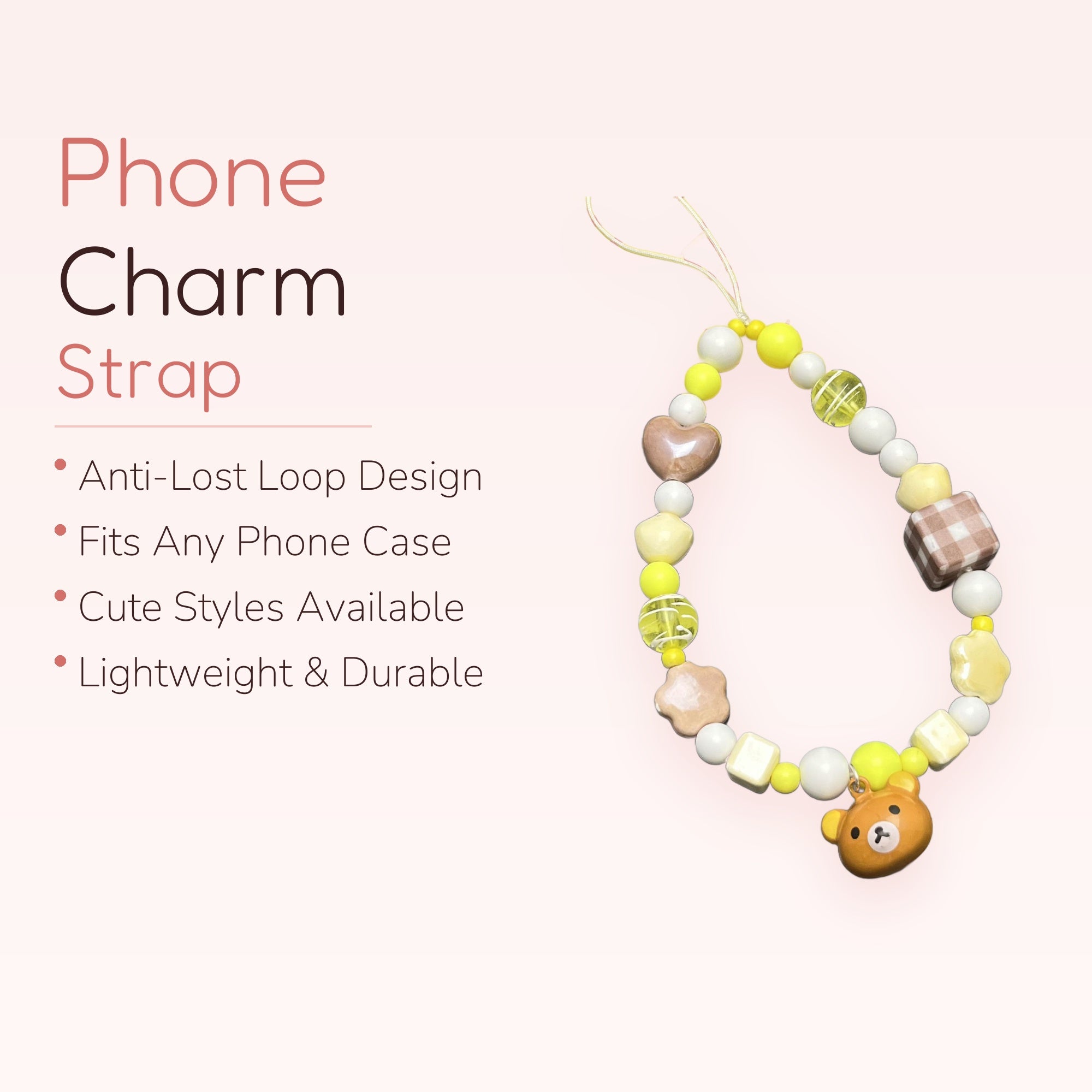 Kawaii Pastel Beaded Phone Charm Strap | Cute Bear & Heart Wrist Lanyard