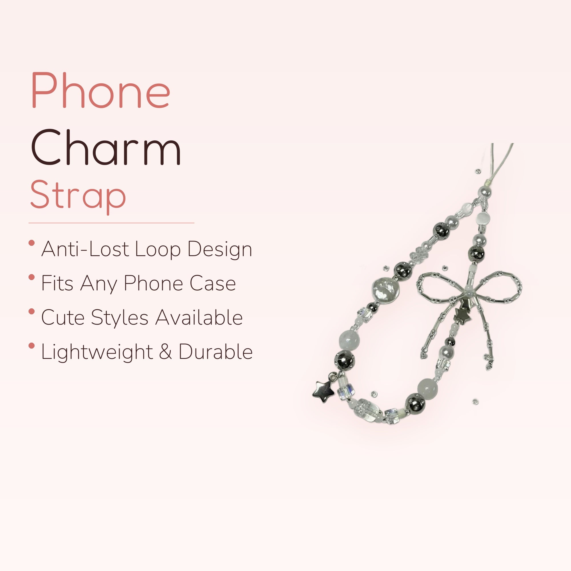 Aesthetic Silver & White Beaded Phone Charm | Star & Bow Wrist Strap