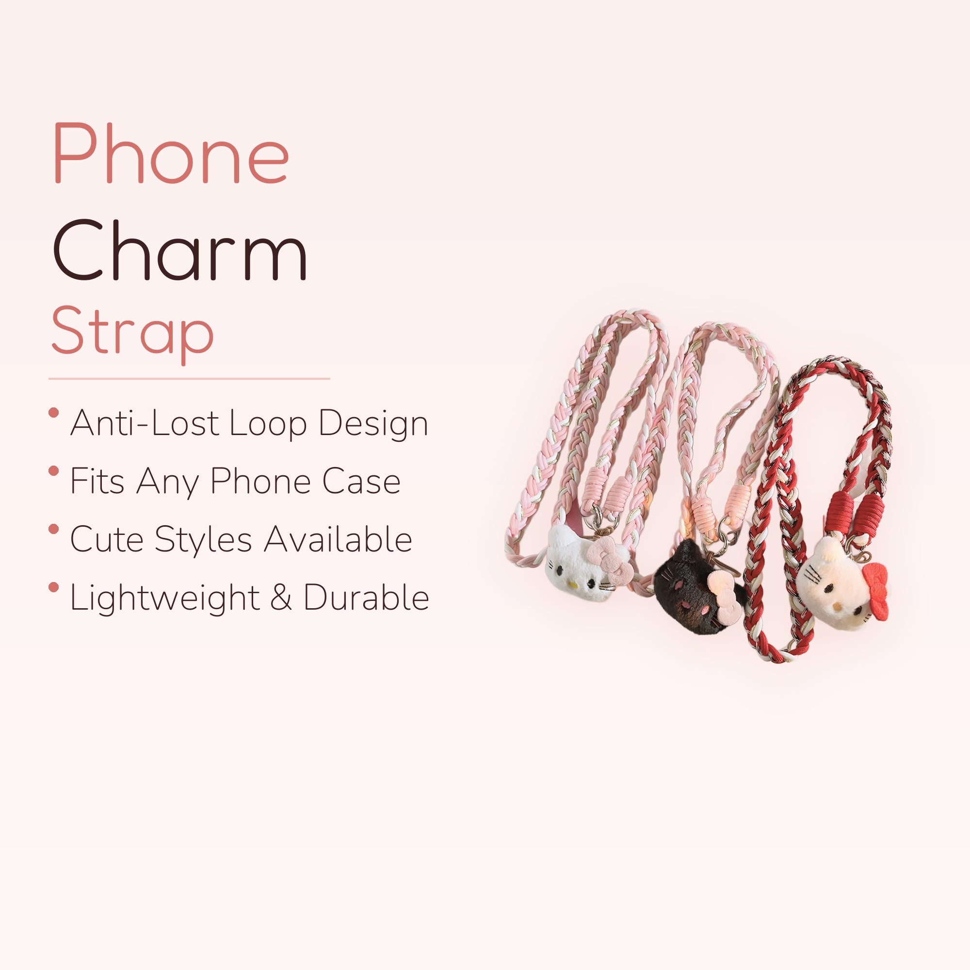 Braided Hello Kitty Phone Charm Lanyard | Cute Plush Kitty Wrist Strap