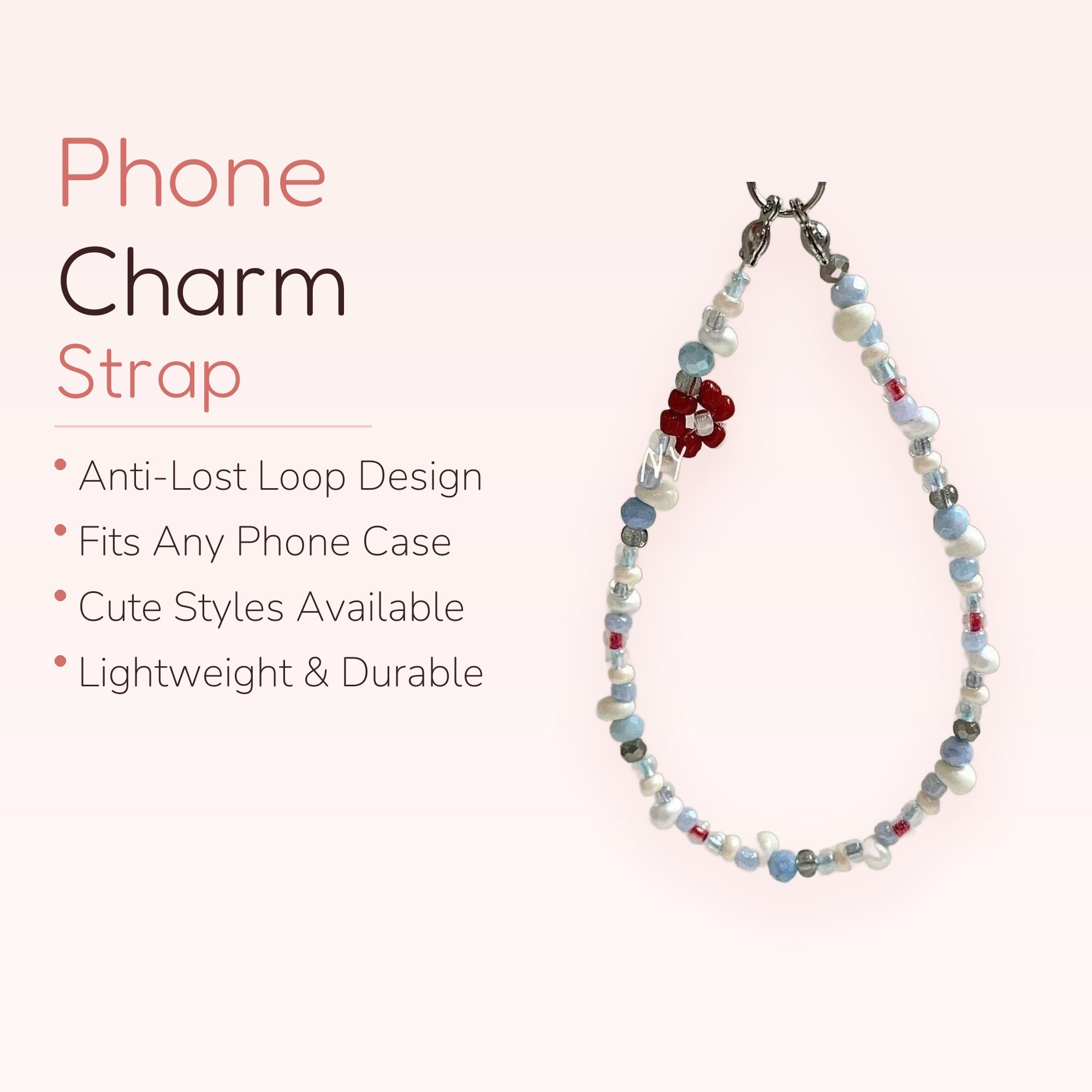 Pastel Beaded Phone Charm Strap with Red Flower | Aesthetic Beaded Wrist Lanyard