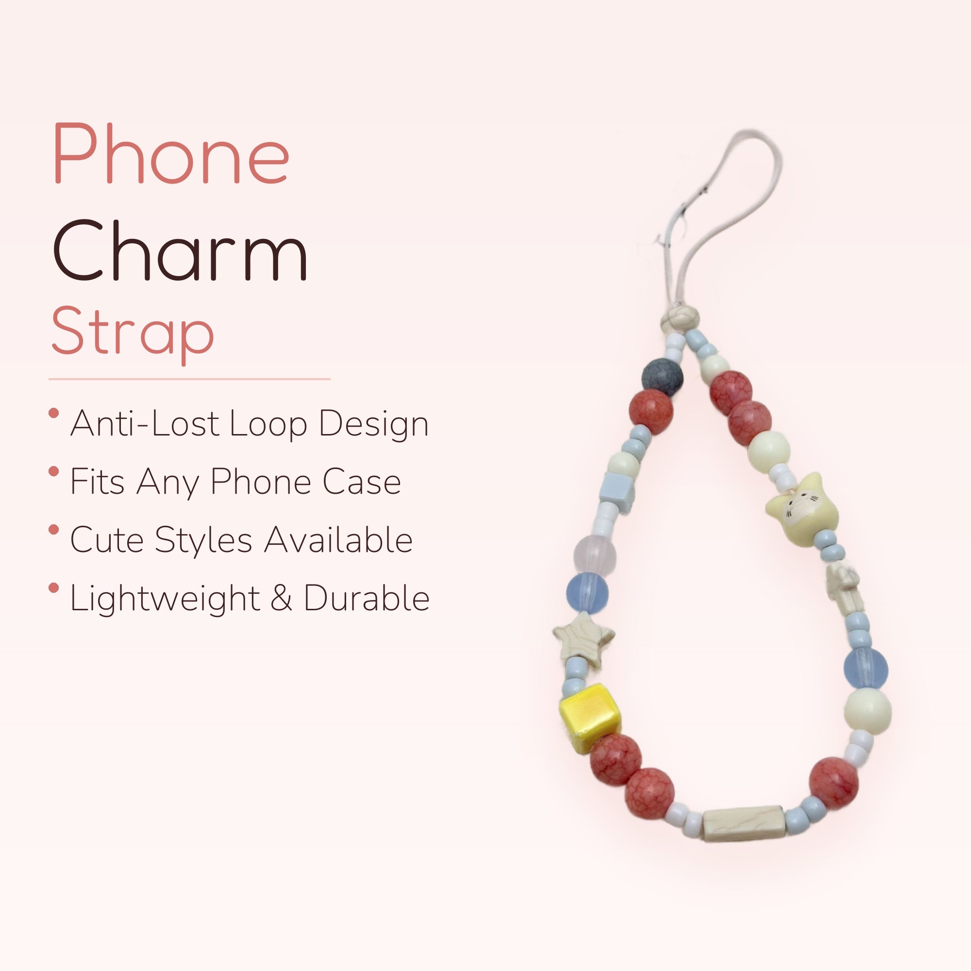 Pastel Beaded Phone Charm Strap | Cute Kawaii Wrist Lanyard with Star & Cat Charms