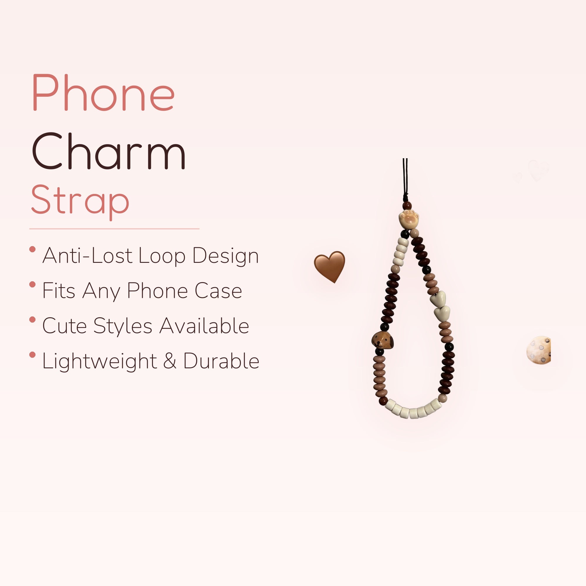 Cute Brown & White Beaded Phone Charm | Puppy Paw Print Wrist Lanyard