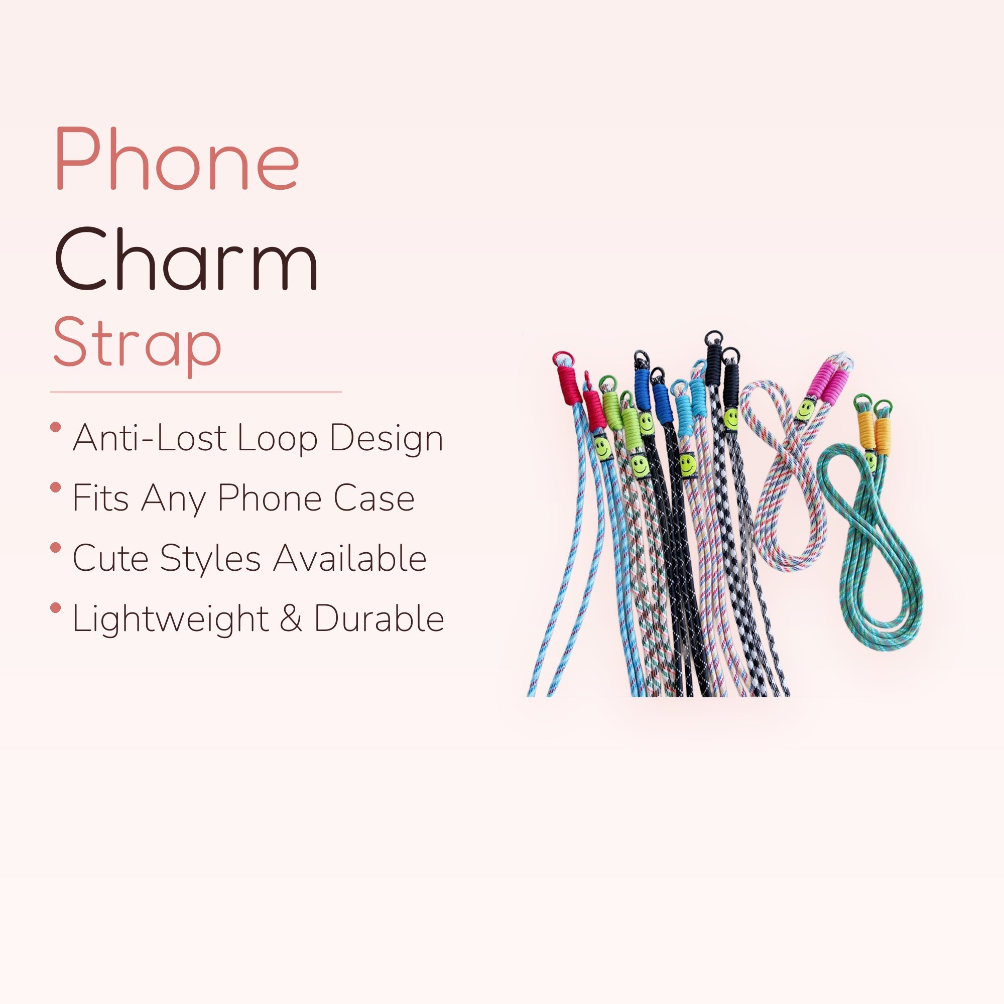 Colorful Patterned Rope Phone Charm Lanyard with Smiley Face | Y2K Aesthetic Wrist Strap
