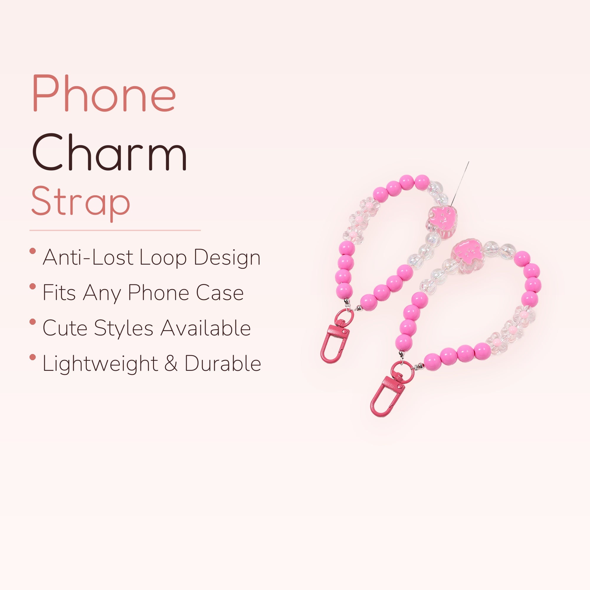 Pink Beaded Phone Charm Strap | Kawaii Wrist Lanyard with Flowers