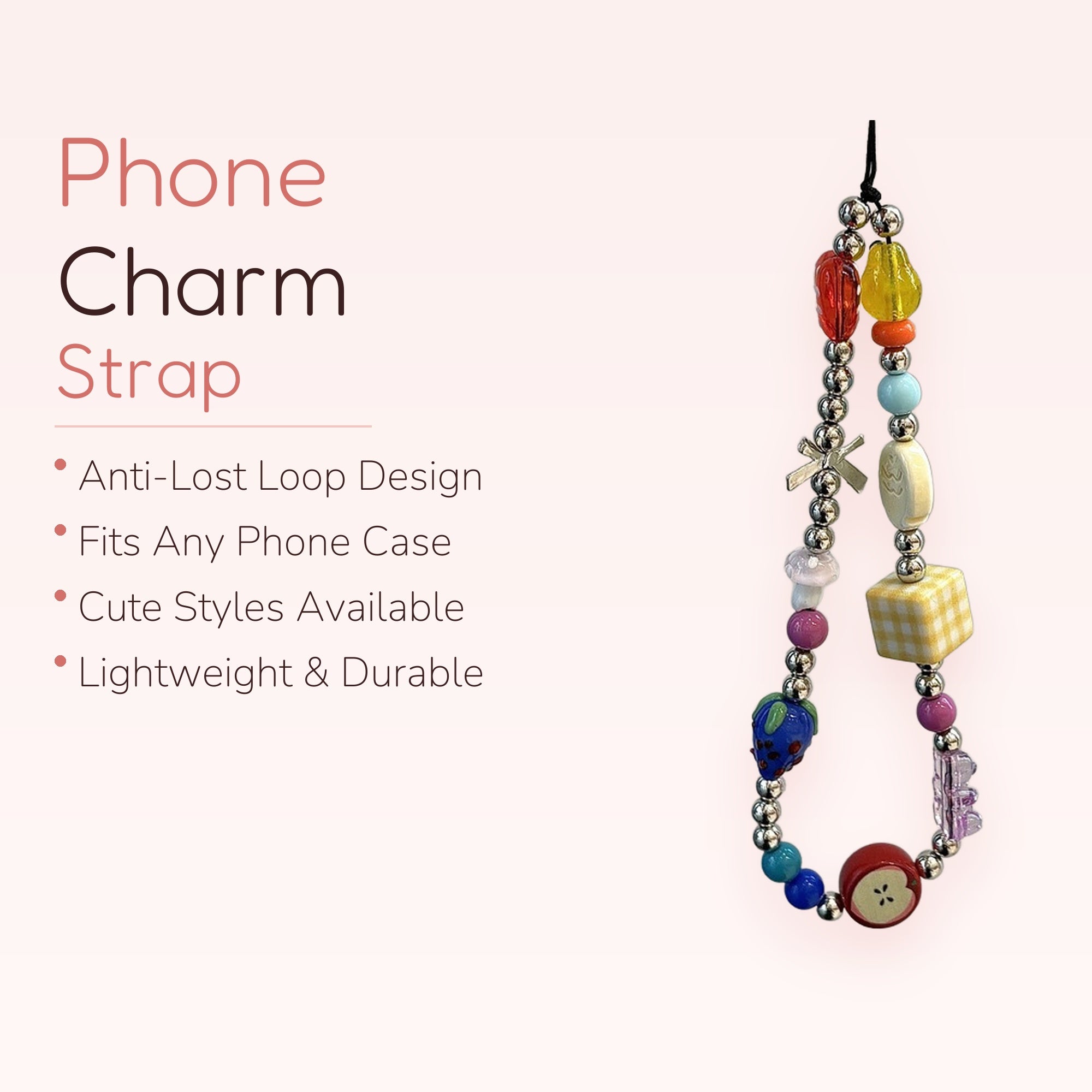 Y2K Rainbow Fruit & Gingham Beaded Phone Charm | Aesthetic Silver Bead Wrist Strap