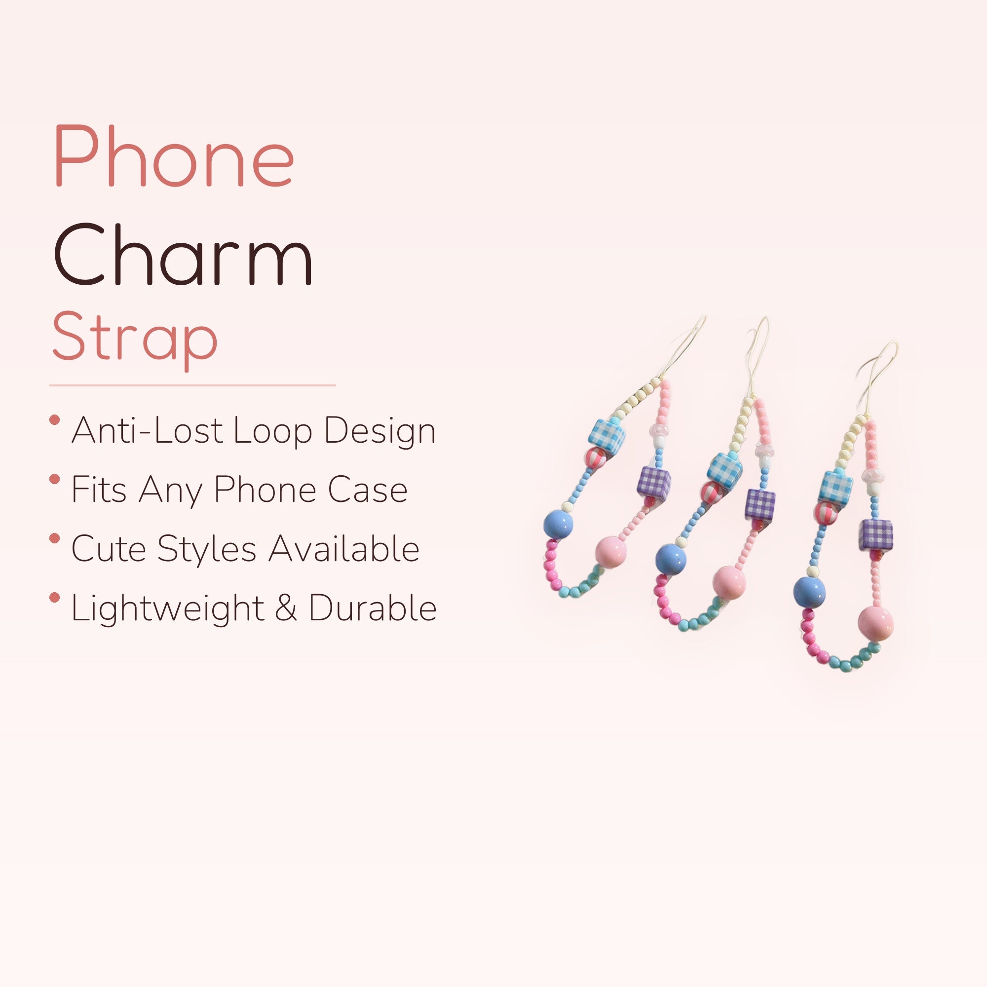Pastel Gingham Cube Beaded Phone Charm Strap | Cute Aesthetic Wrist Lanyard